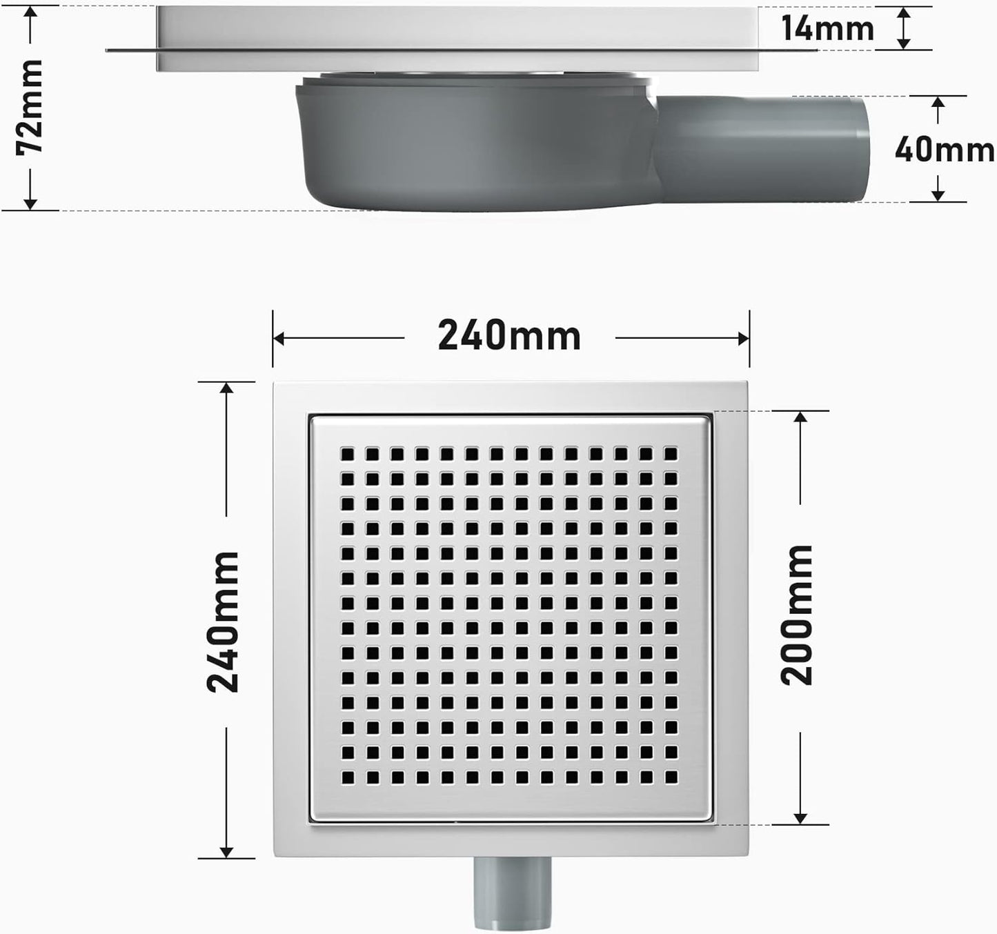 Duschrinne mit 360° Siphon und Haarsieb (20x20 cm), Silber 20×20cm