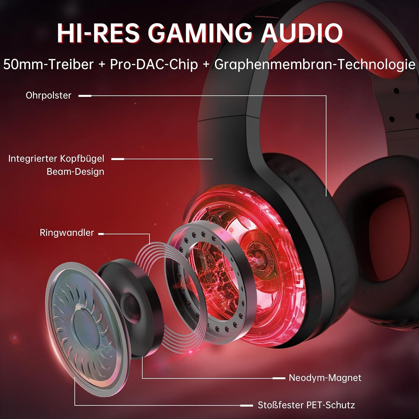 Kabelloses Gaming Headset, Red 3,5 mm Klinke