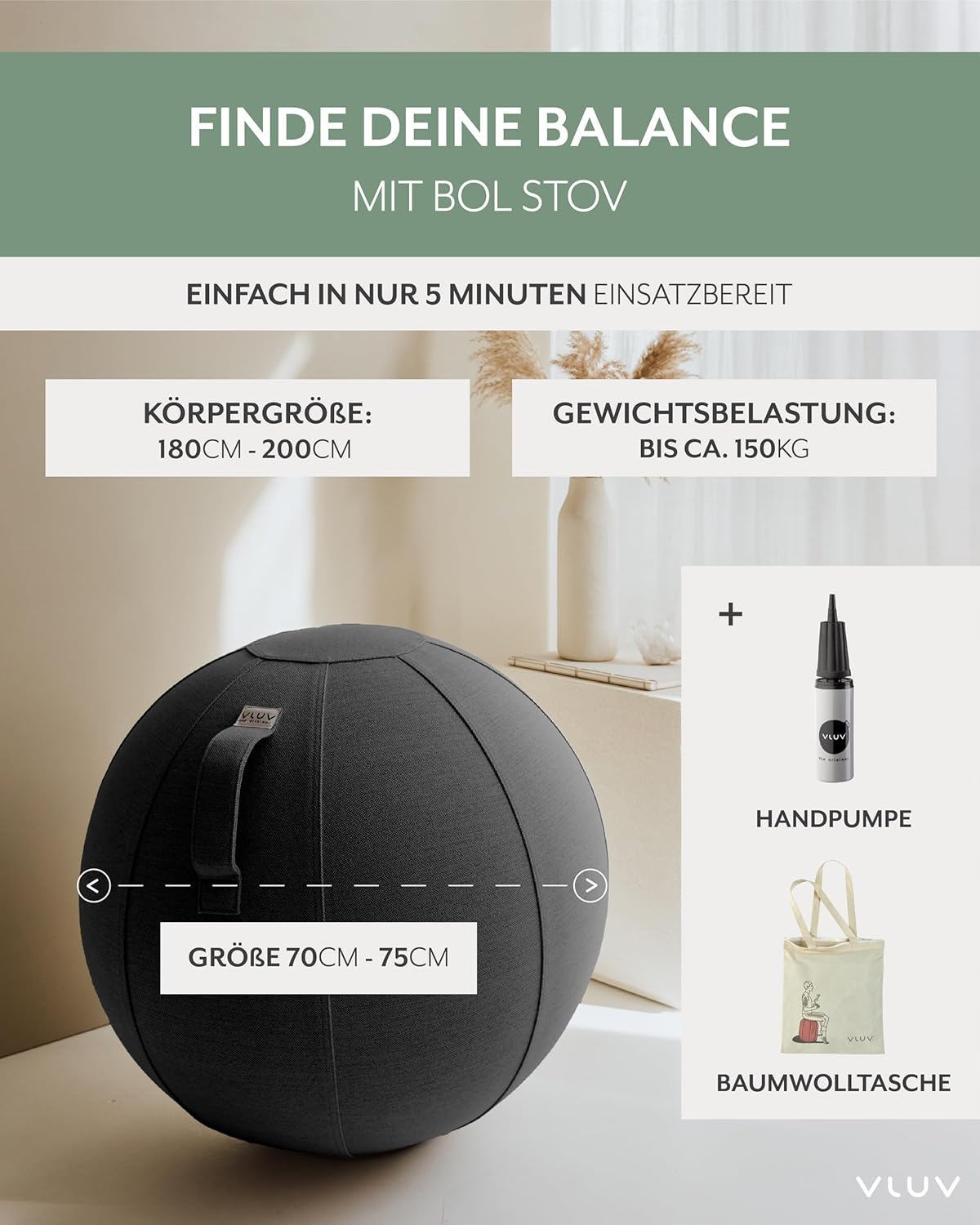 Ergonomischer Sitzball Stov, 70cm - 75cm Anthrazit