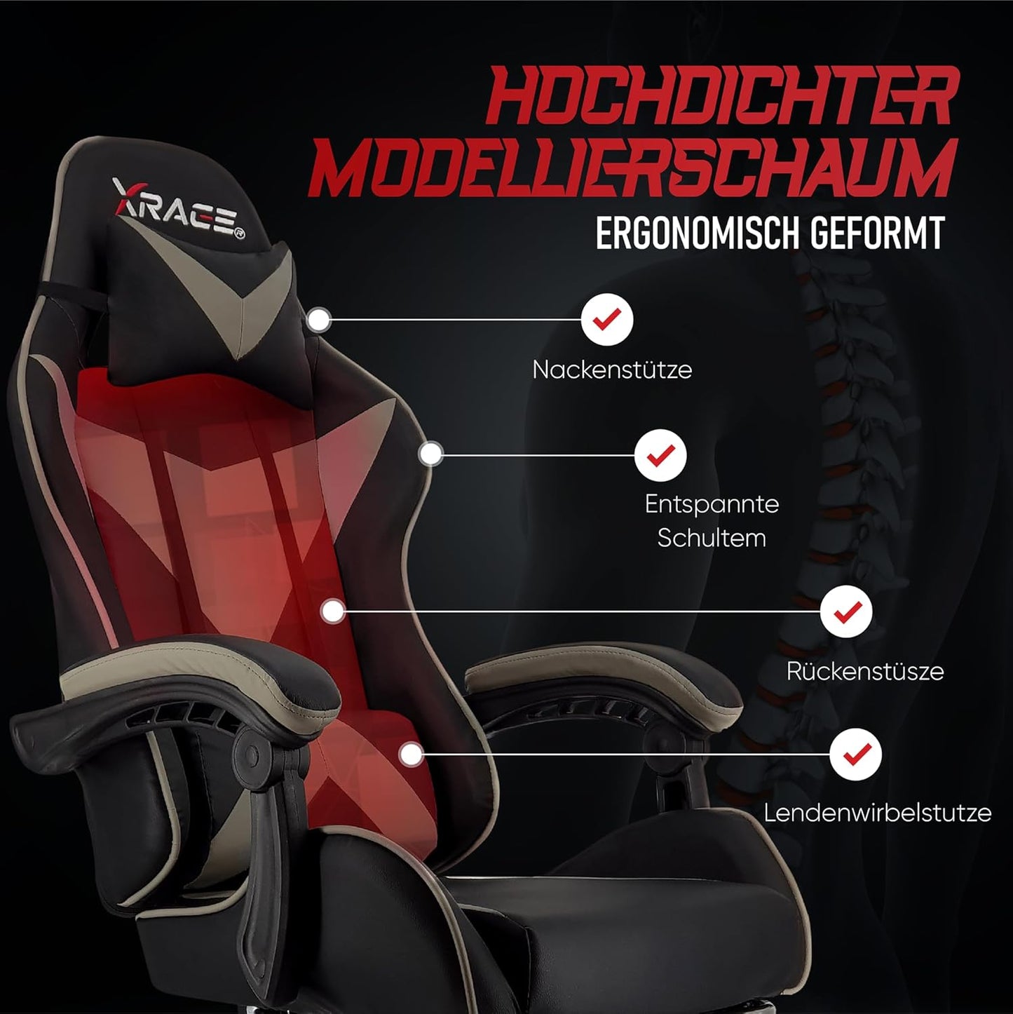 Ergonomischer Gaming-Stuhl mit Lendenwirbelstütze und Fussstütze, Grau