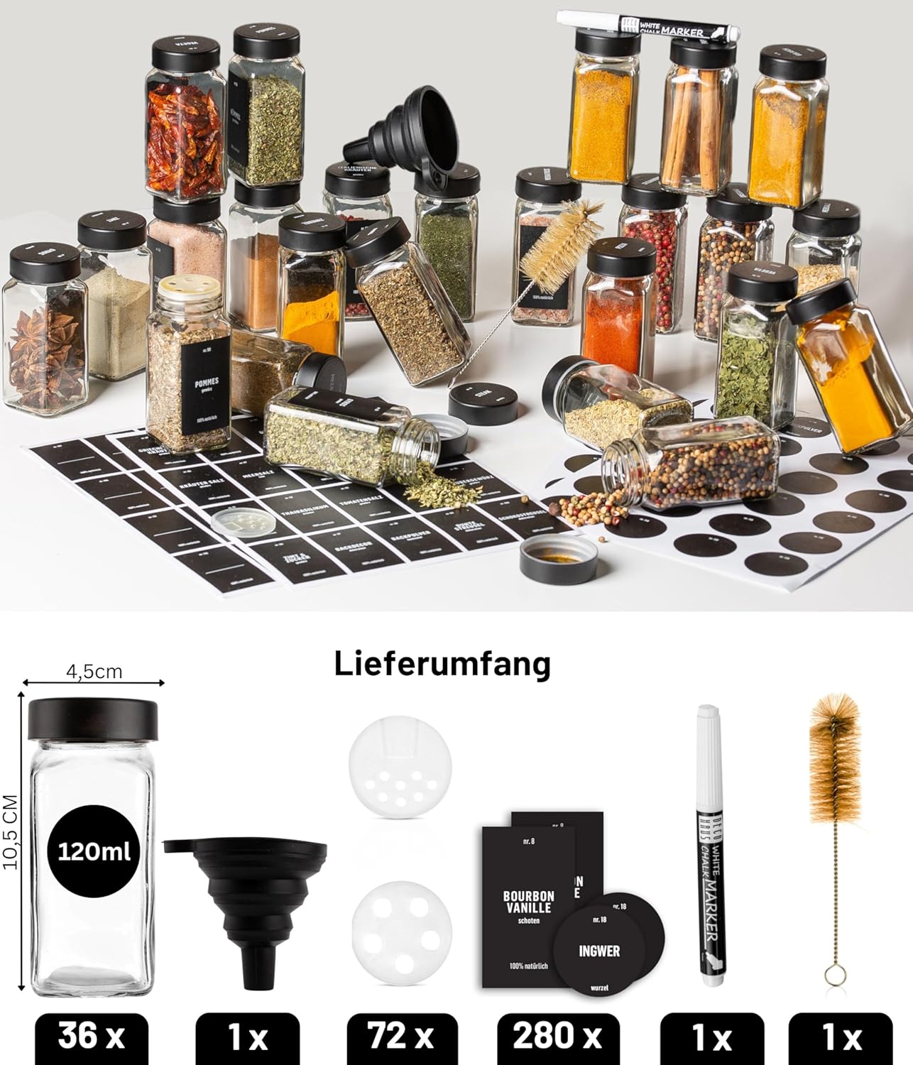 Gewürzgläser-Set mit Schraubkappe, 36 Stk., Deckel Edelstahl