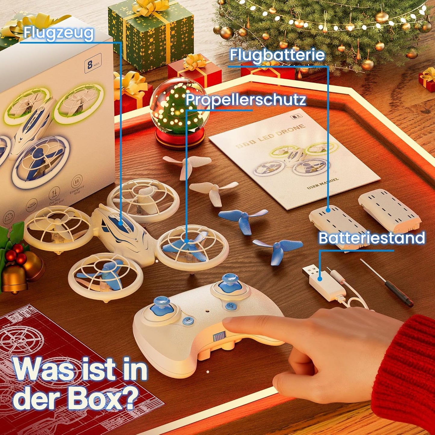 Mini-Drohne mit LED-Lichtern für Kinder, ab 6 Jahren, Mit 2 Akkus Weiß