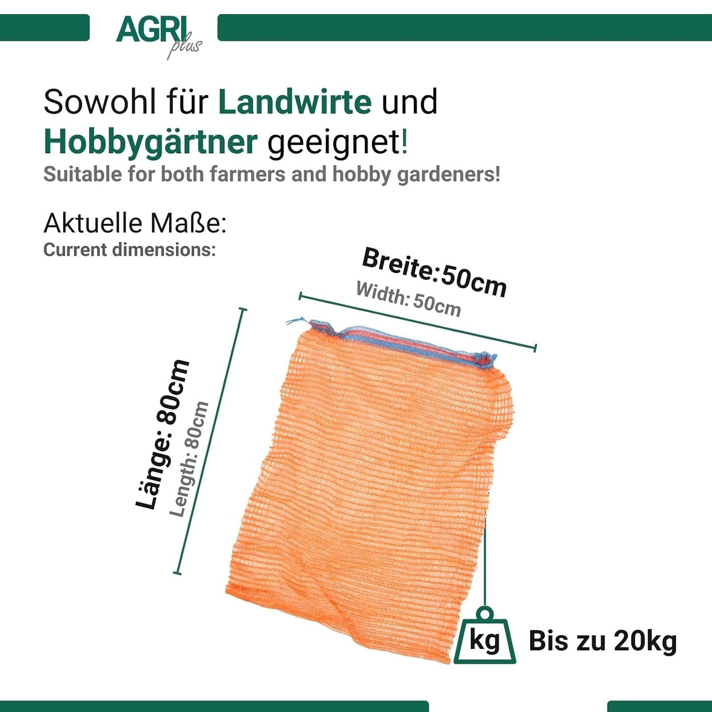 100er-Pack Gemüsesäcke mit Zugband, 20 kg - 50 x 80 cm Orange - mit Zugband