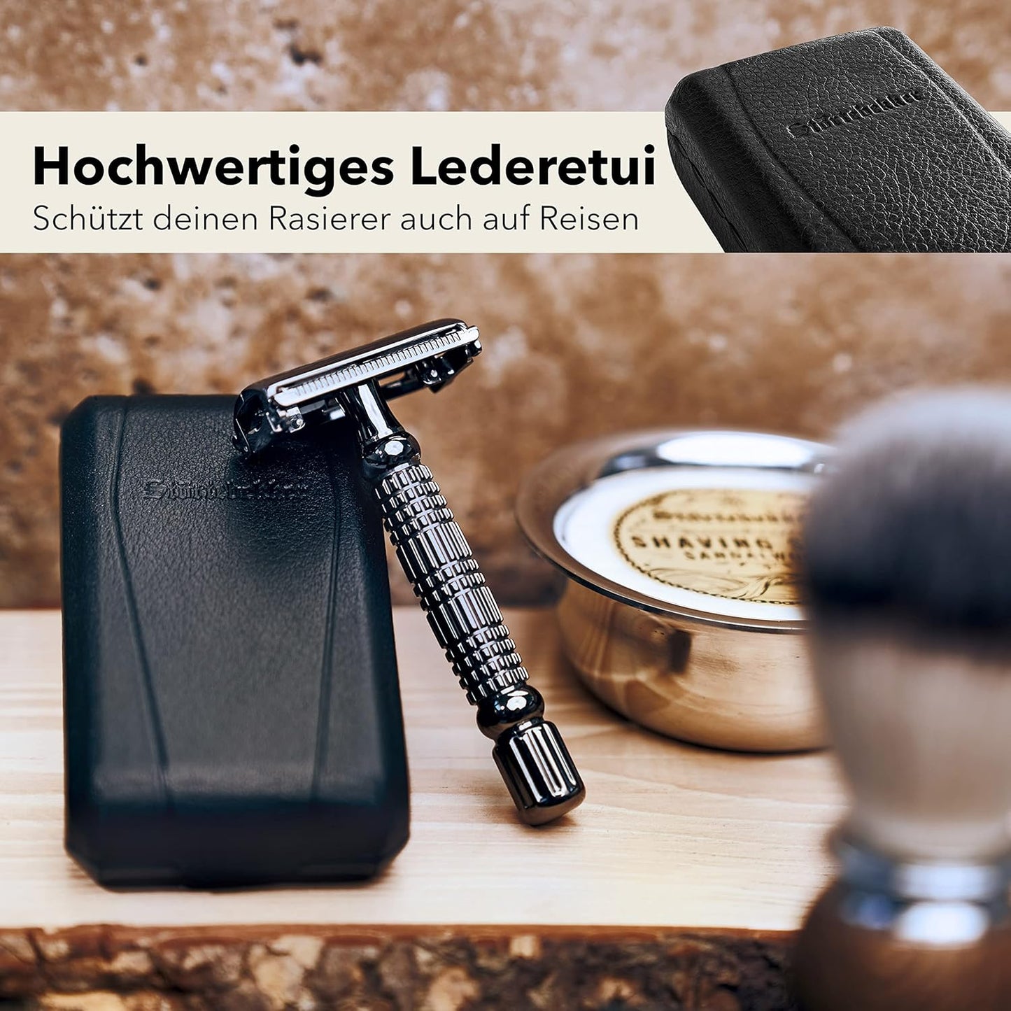 Gentleman Essential Set, Rasierhobel Schwarz - Rasierständer Schwarz