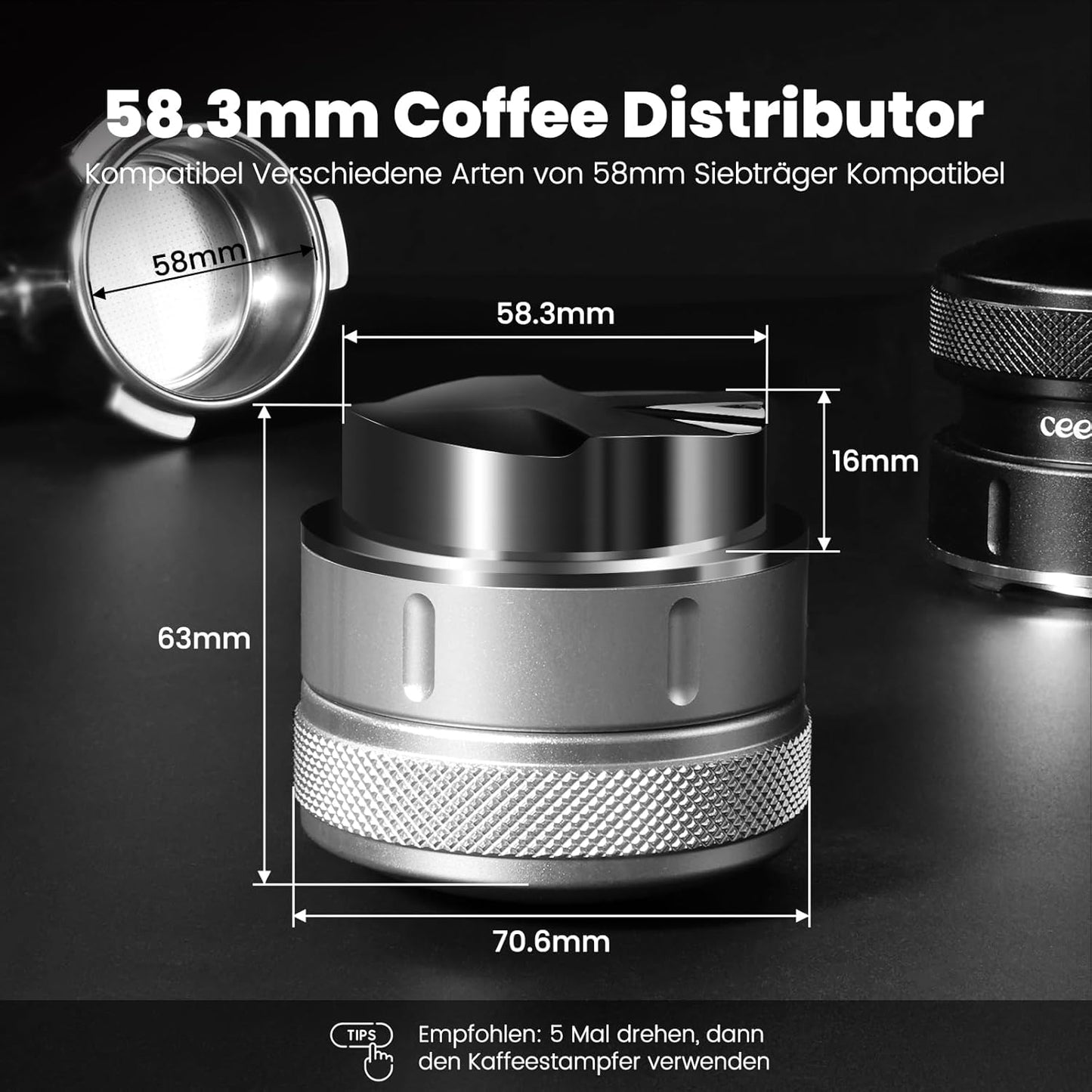 Espresso Distributor für Siebträger, 58mm Silbergrau