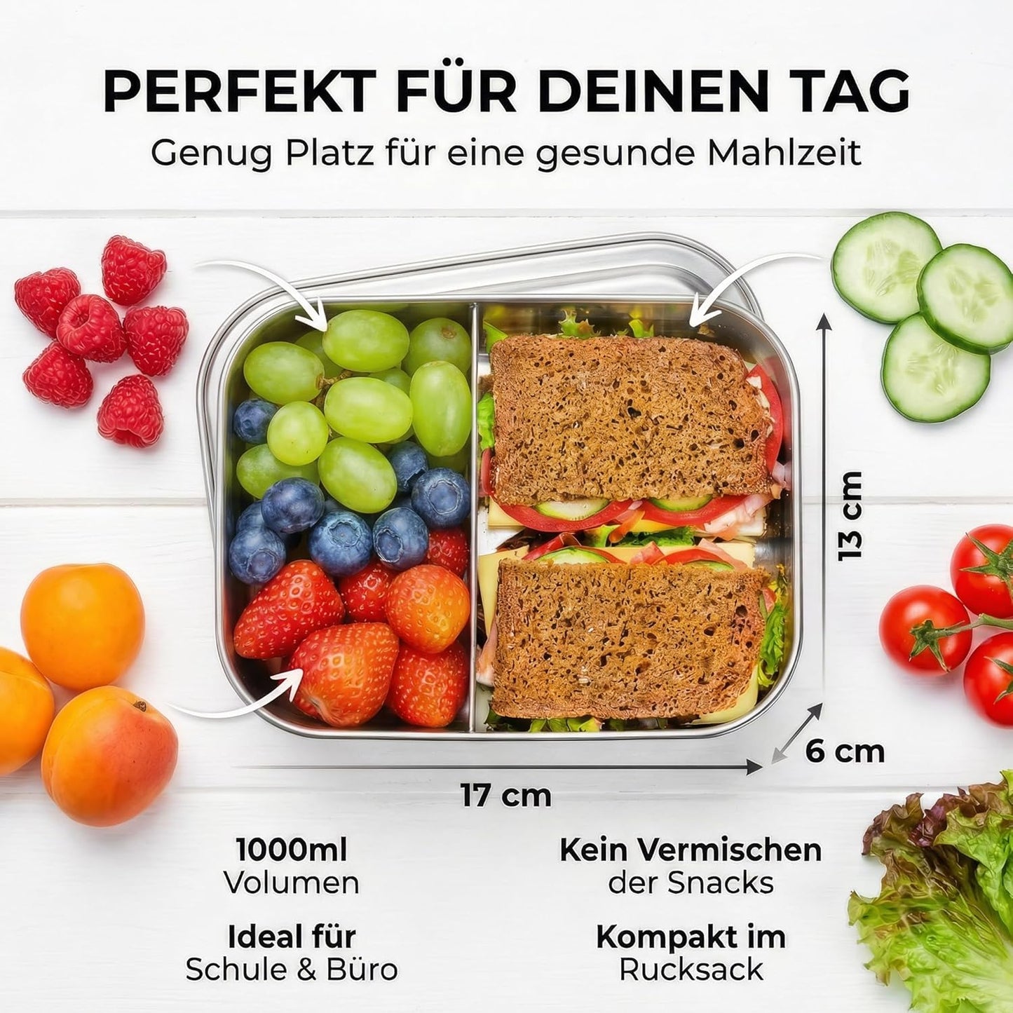 Lunchbox mit fester Trennwand, 1000ml / 2 Fächer Edelstahl