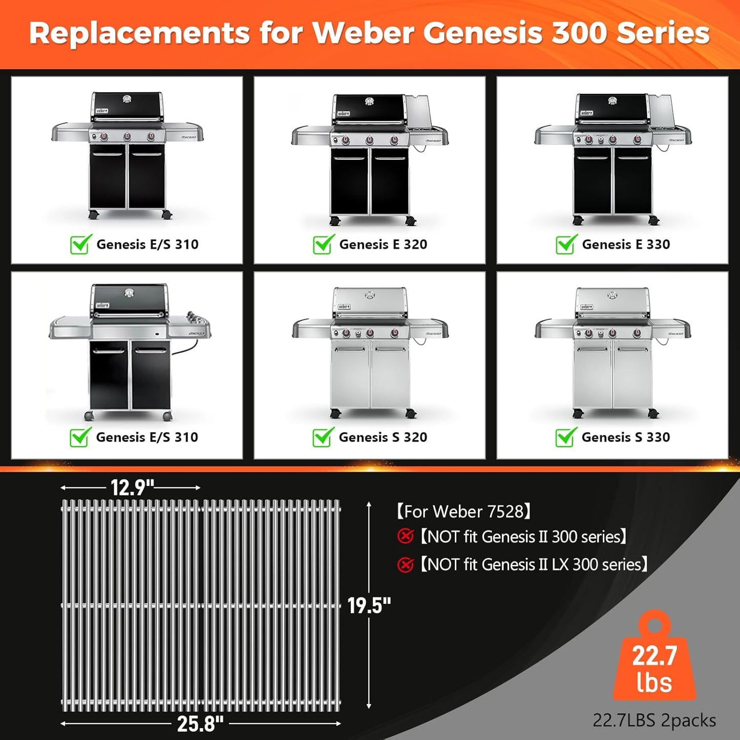Grillrost für Weber Genesis, 19.5"×12.9“