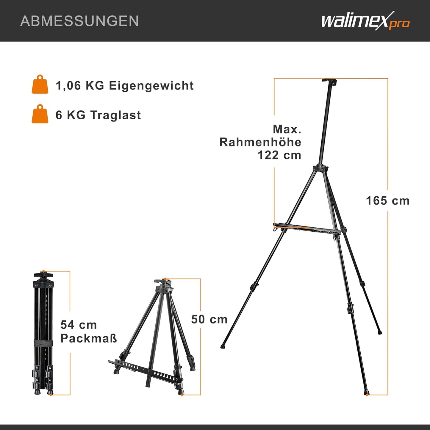 Leinwandstaffelei aus Aluminium (50-165 cm) inkl. Tasche, schwarz L (max 165 cm), Single