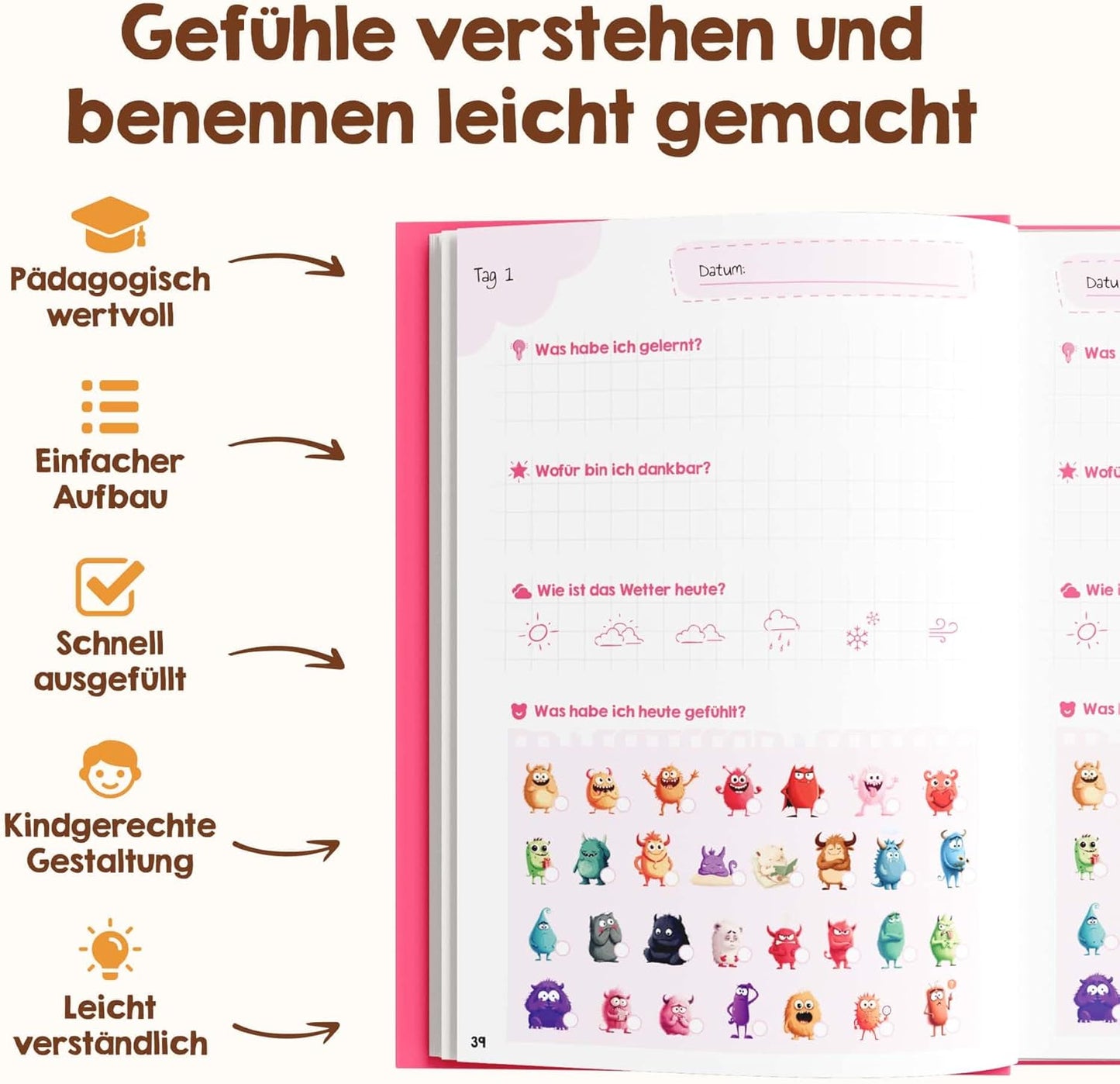 Gefühlstagebuch für Kinder mit Spielen, Pink