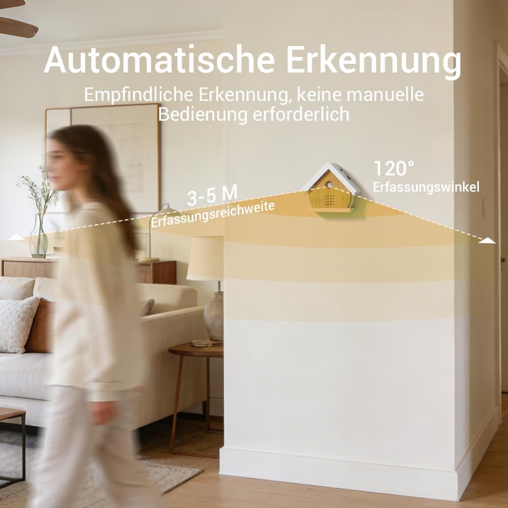 Vogelgezwitscher Box mit Bewegungssensor und Timerfunktion, Hausdesign (Naturholzfarbe)
