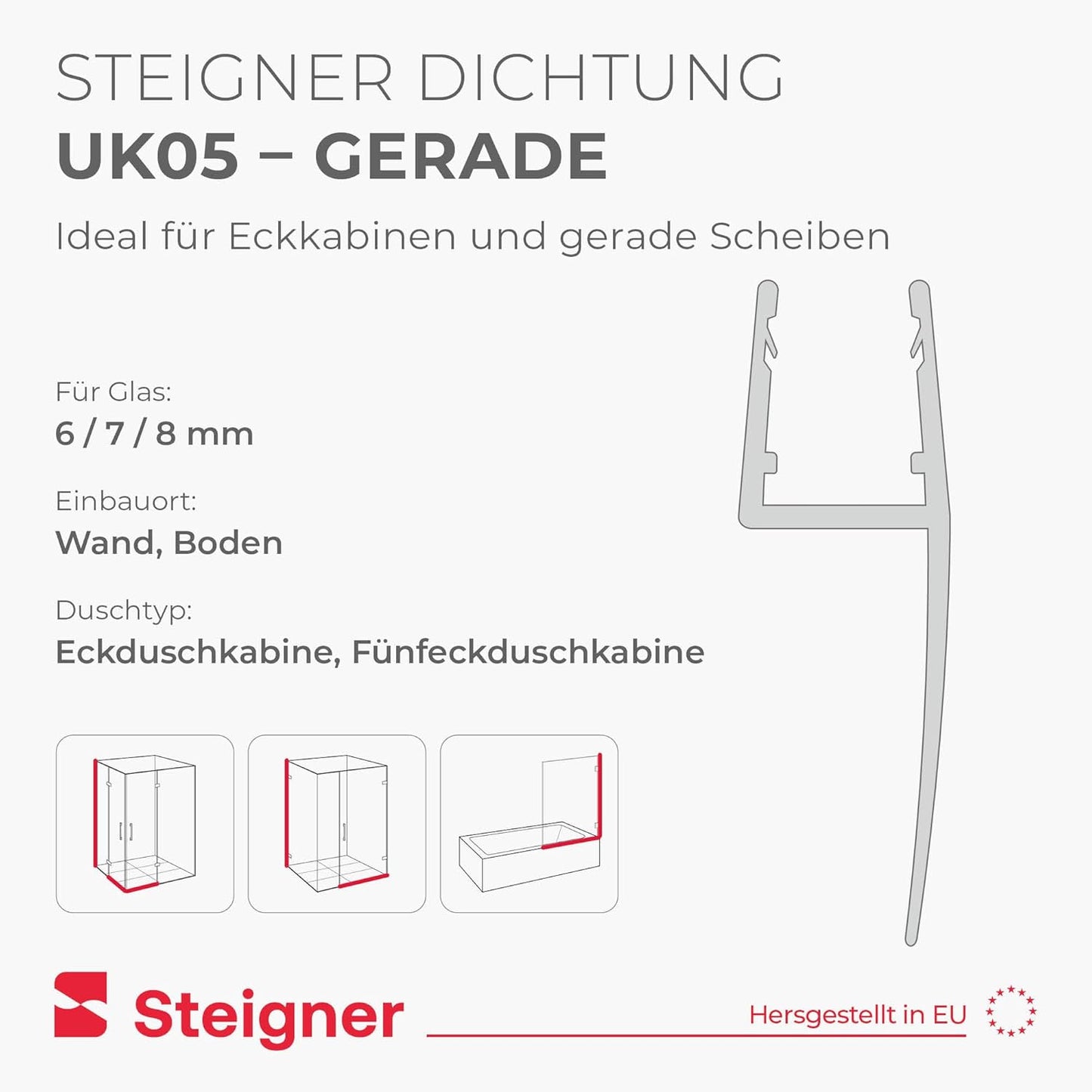 Duschtürdichtung für Eckeinstieg, gerade für 6mm / 7mm / 8mm 13. Länge 150cm