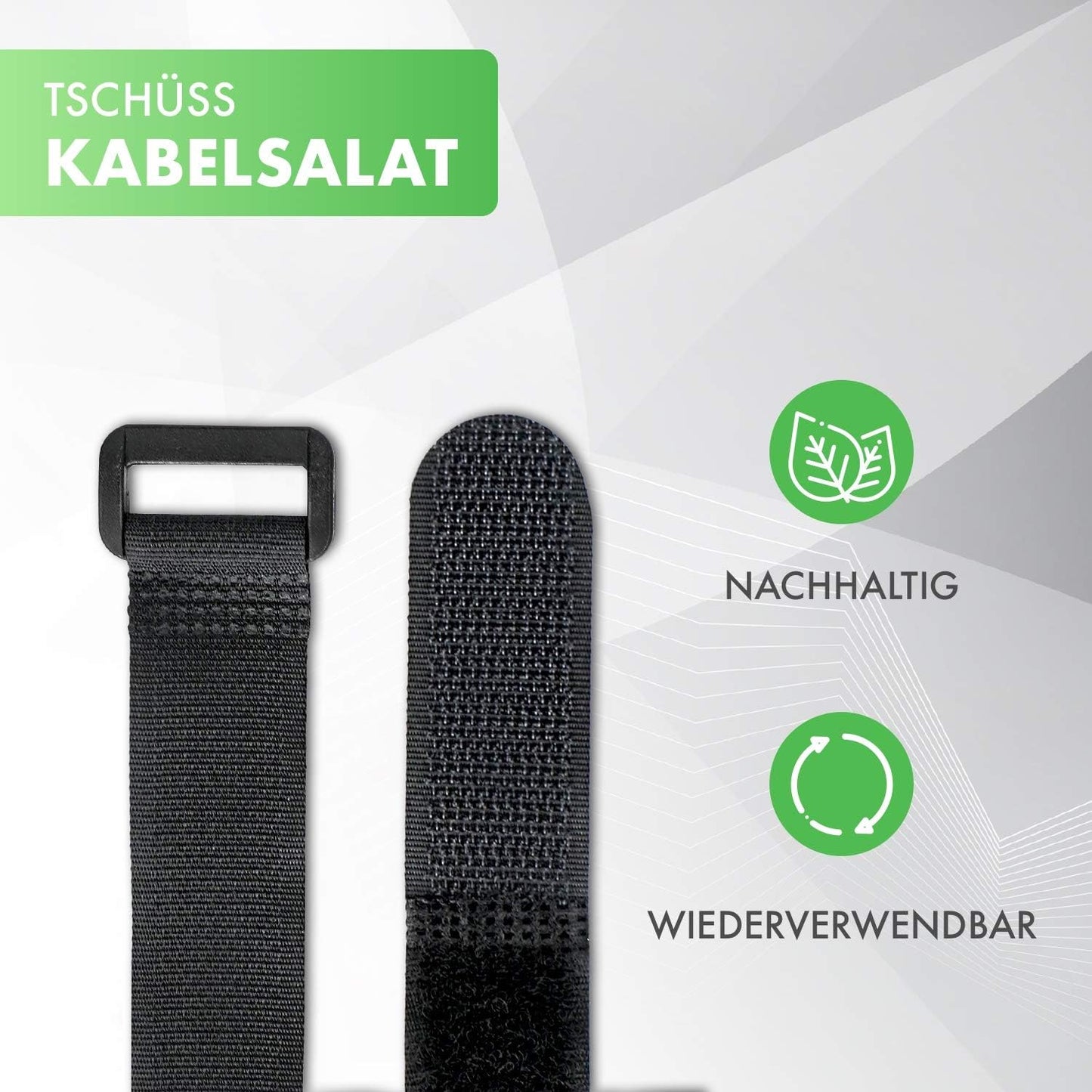 Wiederverschliessbare Klettkabelbinder mit Schnalle, 50cm - 10er-Pack Schwarz