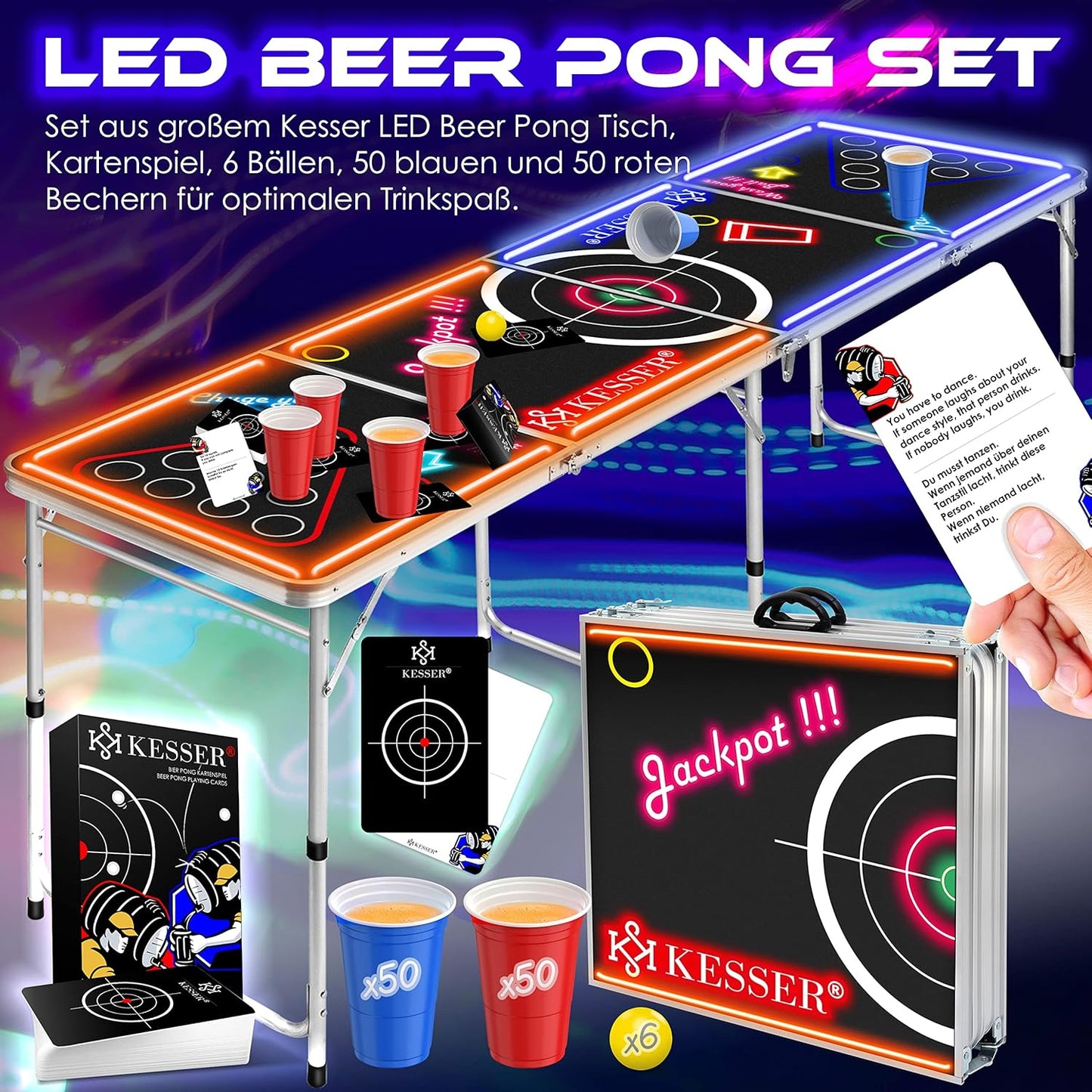 Bier Pong Tisch Set mit LED und Kartenspiel, Classic mit Led + Kartenspiel