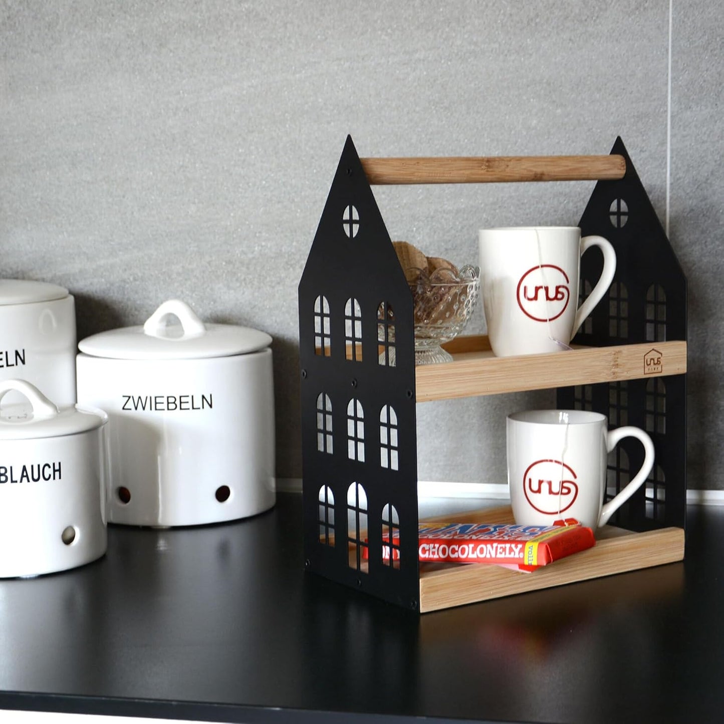 Haus-Etagere mit 2 Etagen und Griff, Schwarz Klein