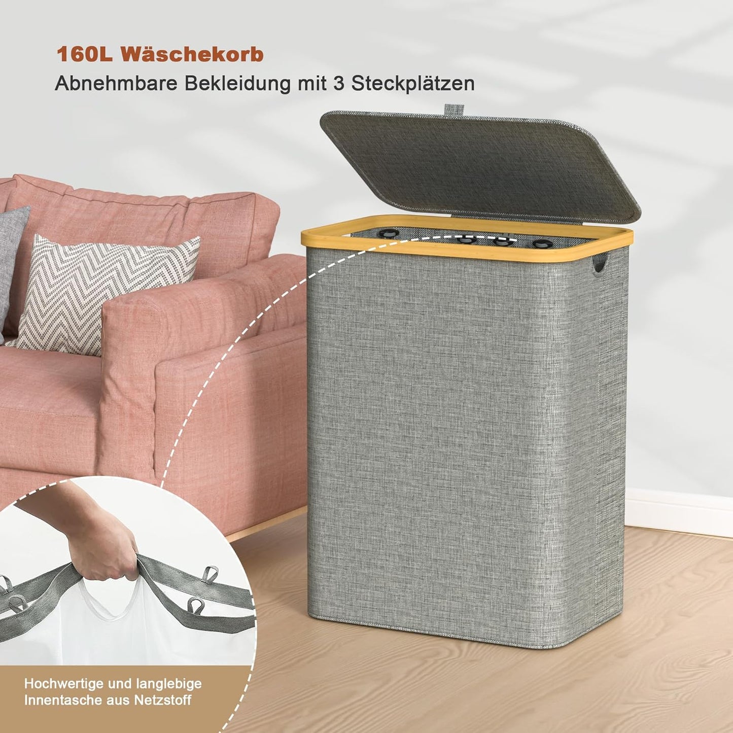 Wäschekorb mit Deckel, Dunkelgrau 160L