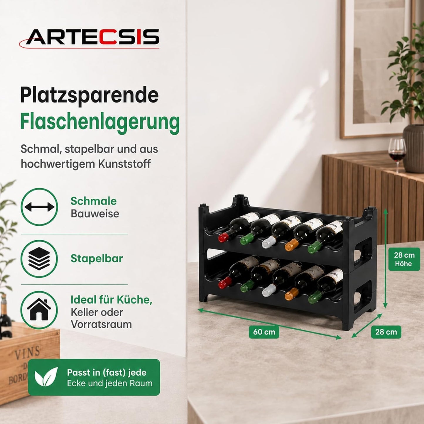 Stapelbares Weinregal für 12 Flaschen, Schwarz 12 Flaschen