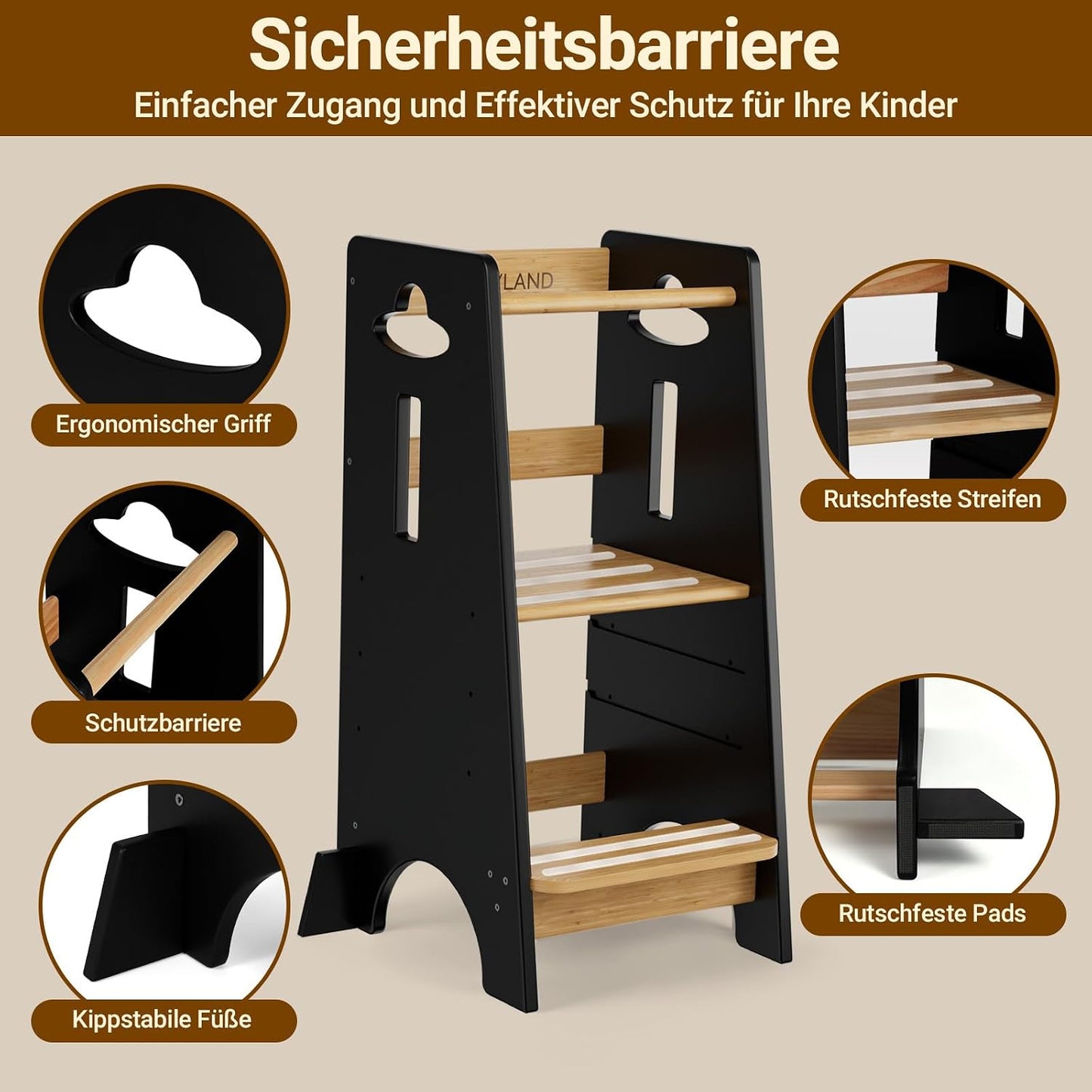 Höhenverstellbarer Lernturm, 80 x 45 x 40 cm Holzfarbe und Schwarz