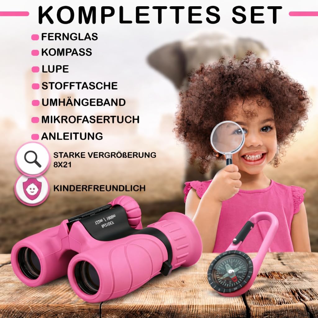 Fernglas für Kinder inklusive Lupe & Kompass, Pink