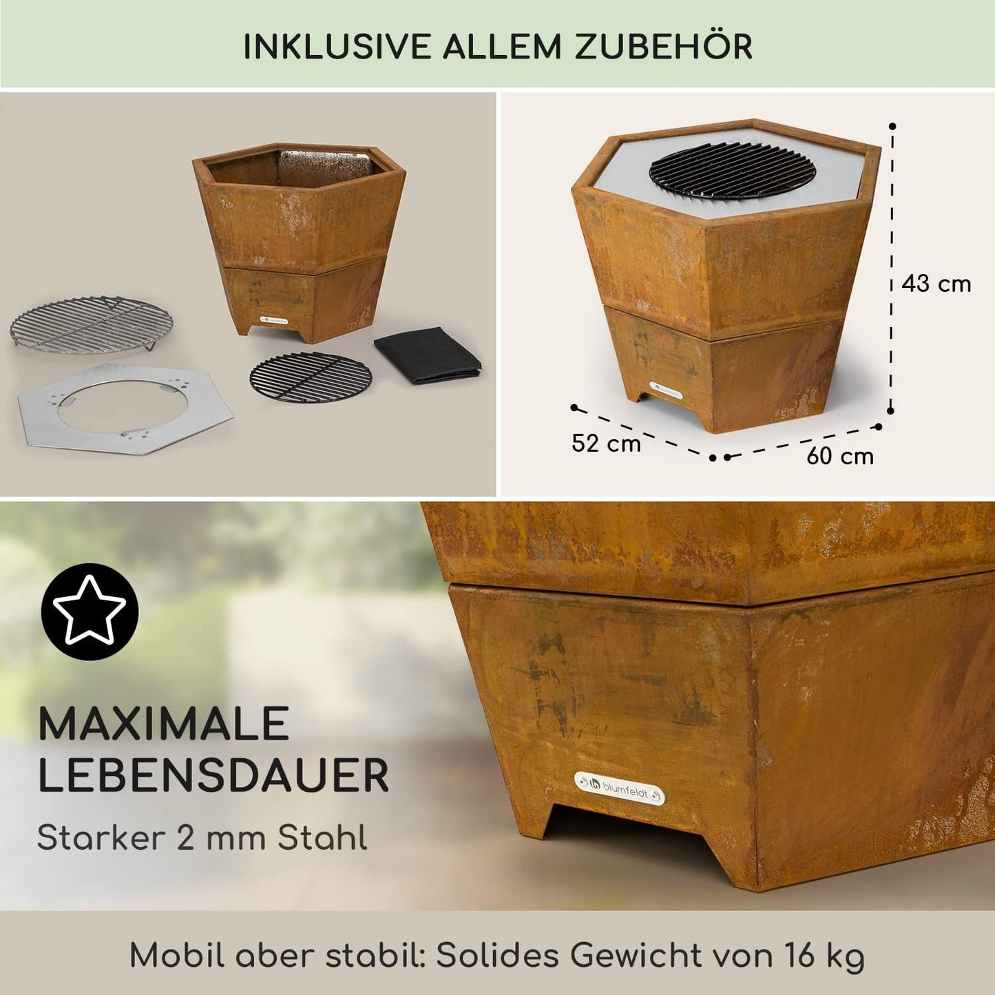 Sechseckige Feuerschale mit Grillrost, Hekla Rost