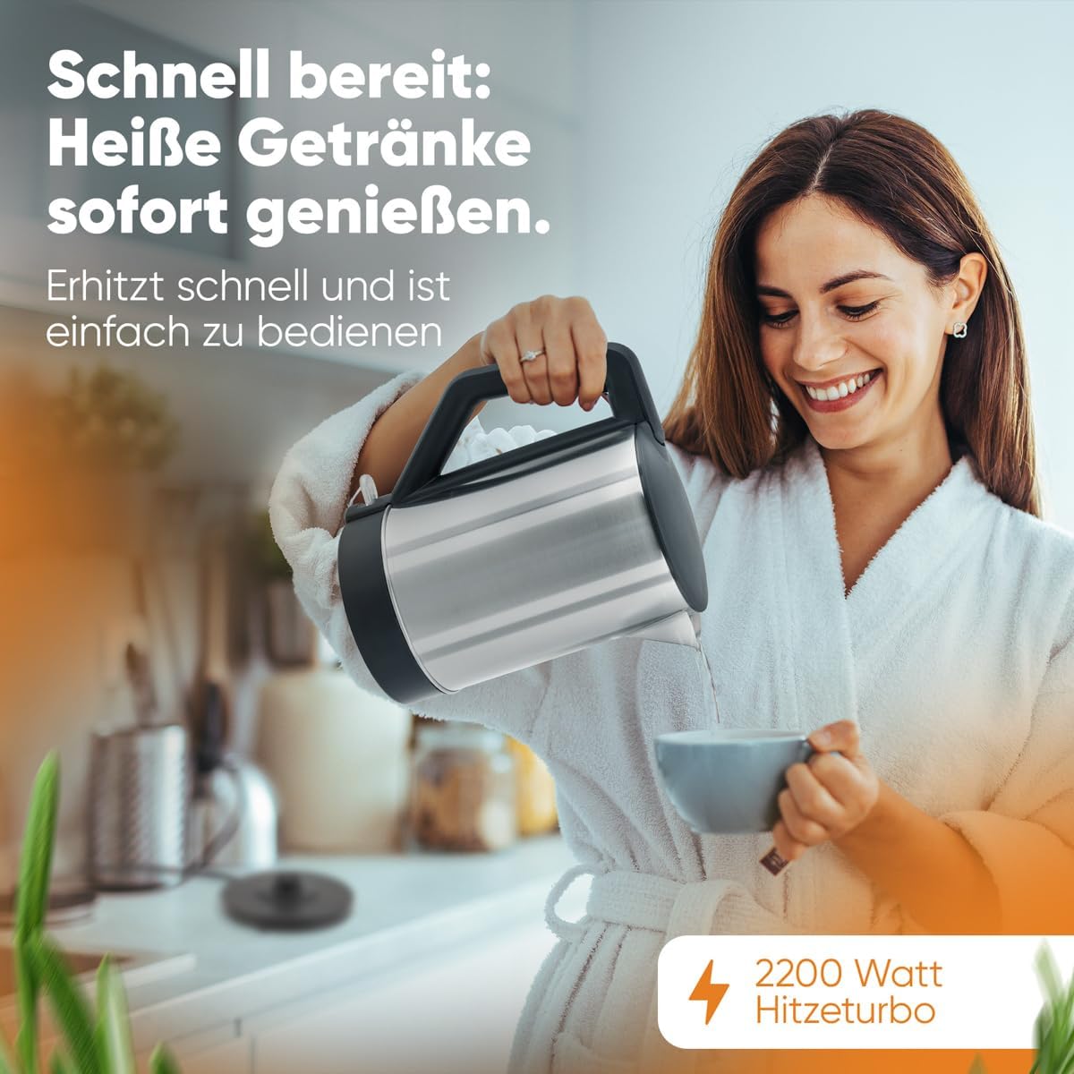 Edelstahl-Wasserkocher mit Einhandbedienung, Schwarz/Edelstahl