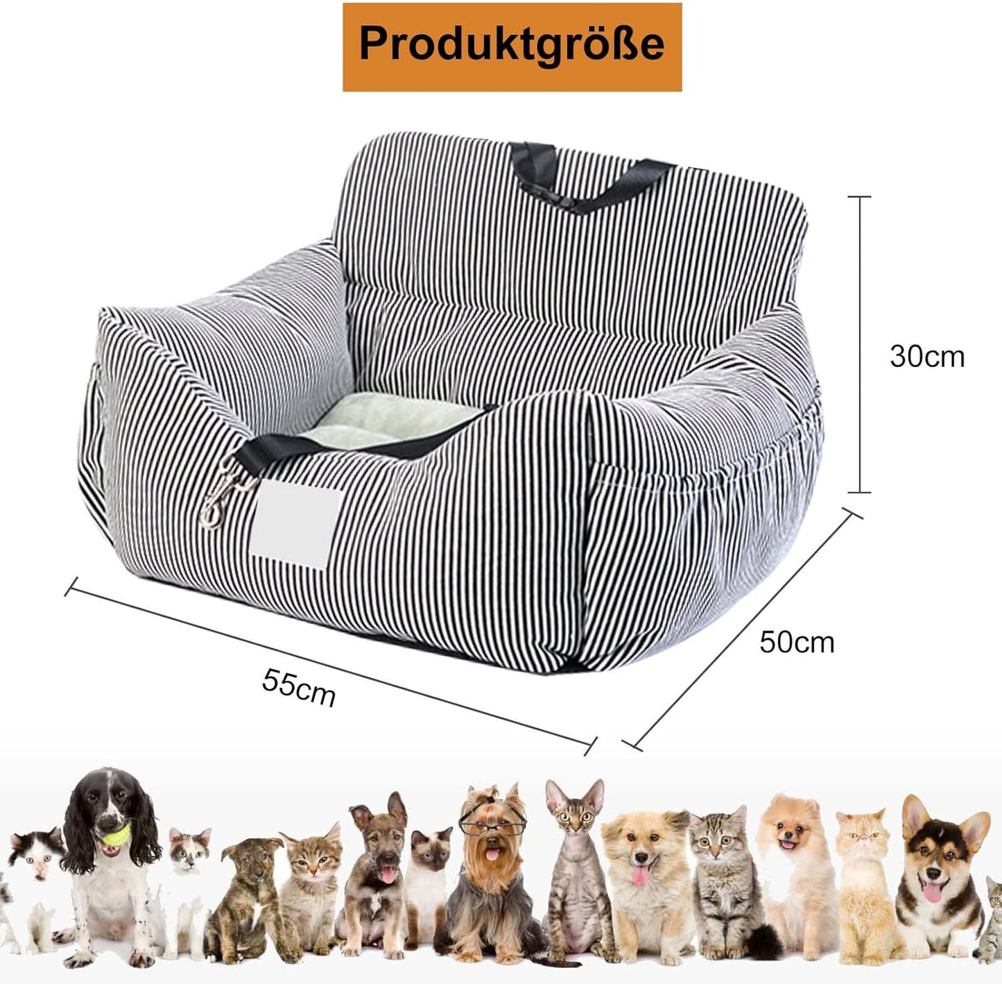 Hundeautositz mit Sicherheitsgurten, Schwarz-Weiss