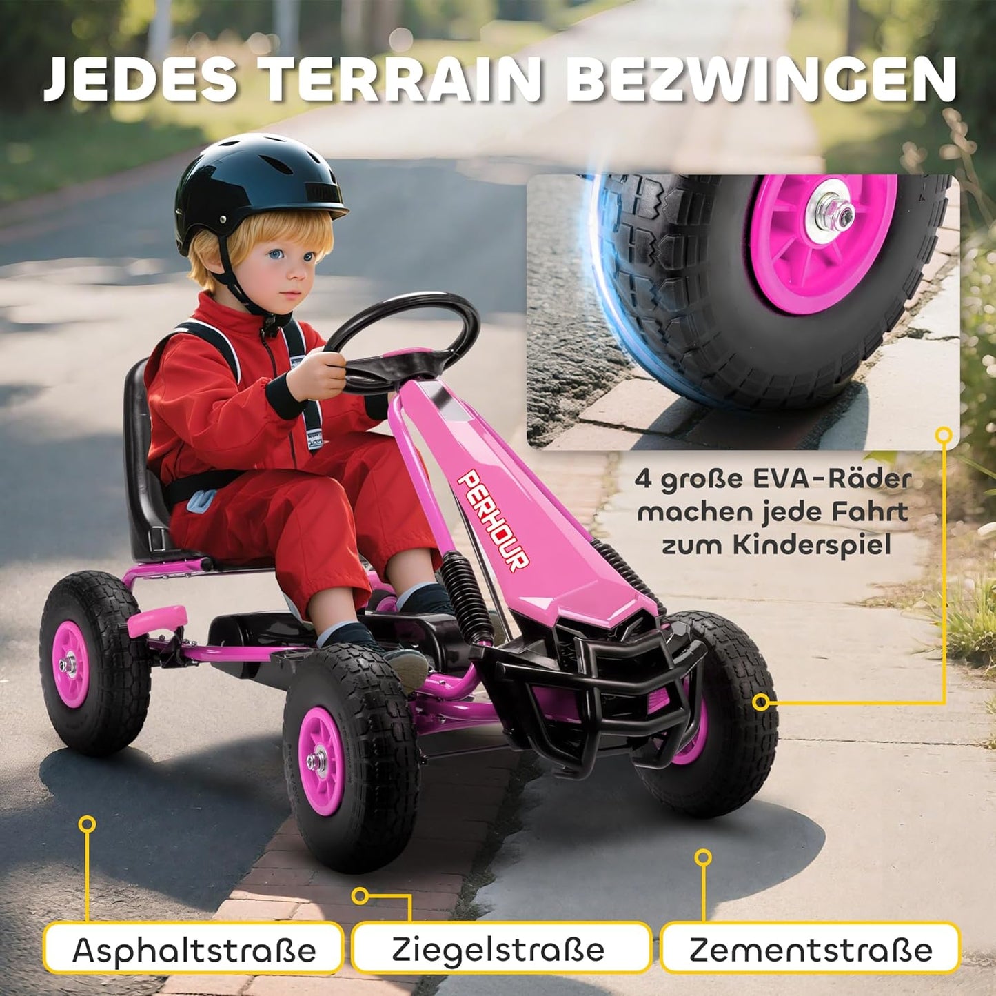 Kinder-Gokart mit verstellbarem Sitz und Handbremse, Rosa