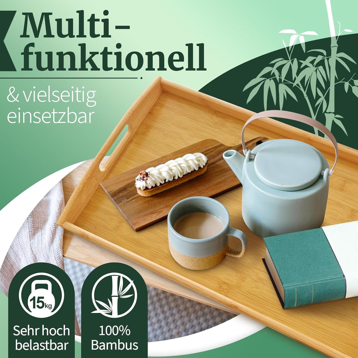 Serviertablett aus Bambus-Holz mit Griffen, Natur