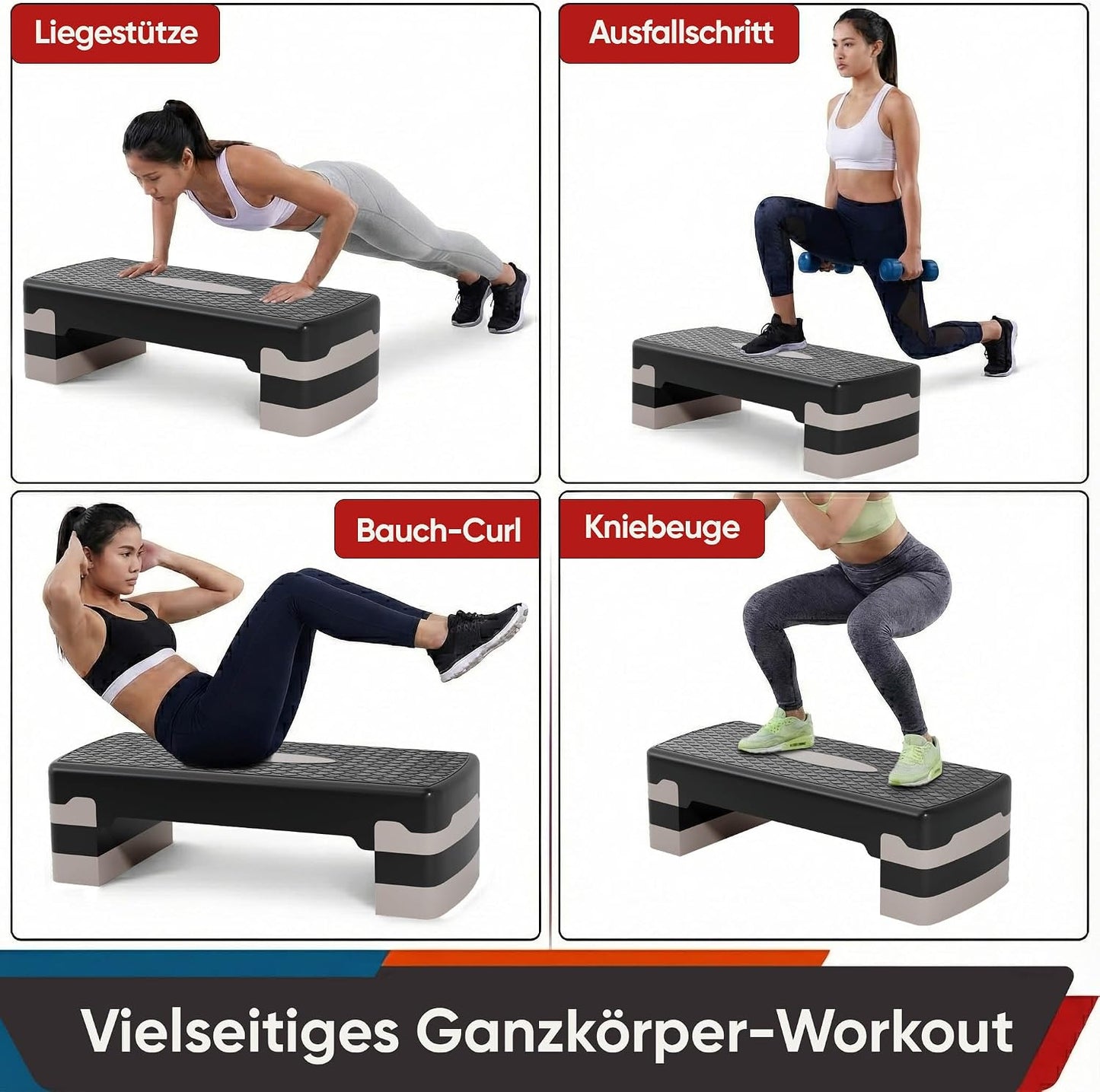 Höhenverstellbares Aerobic Steppbrett für Zuhause, Schwarz–Kühlgrau 3-fach Höhenverstellbar