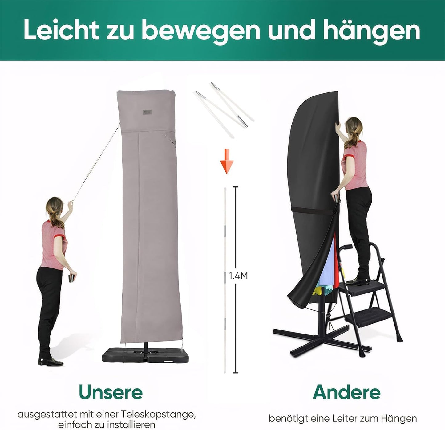 Sonnenschirm Schutzhülle für Ampelschirm, reissfest, Grau 260 x 65 cm