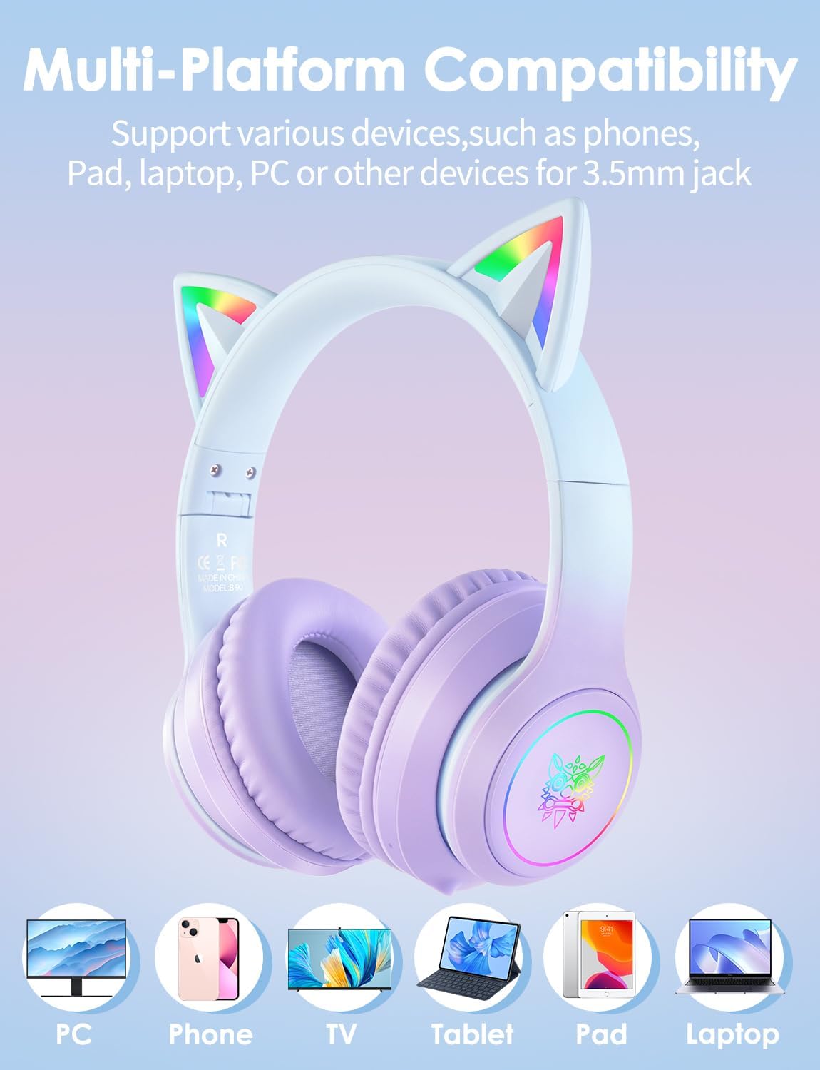 Over-Ear Headset FRKIDD3 mit LED-Katzenohren, Erwachsene, 105 dB, Violett