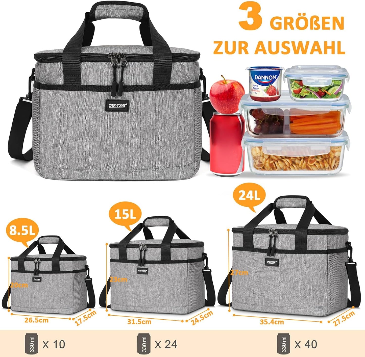 Faltbare Kühltasche mit Reissverschluss, Grau 15L