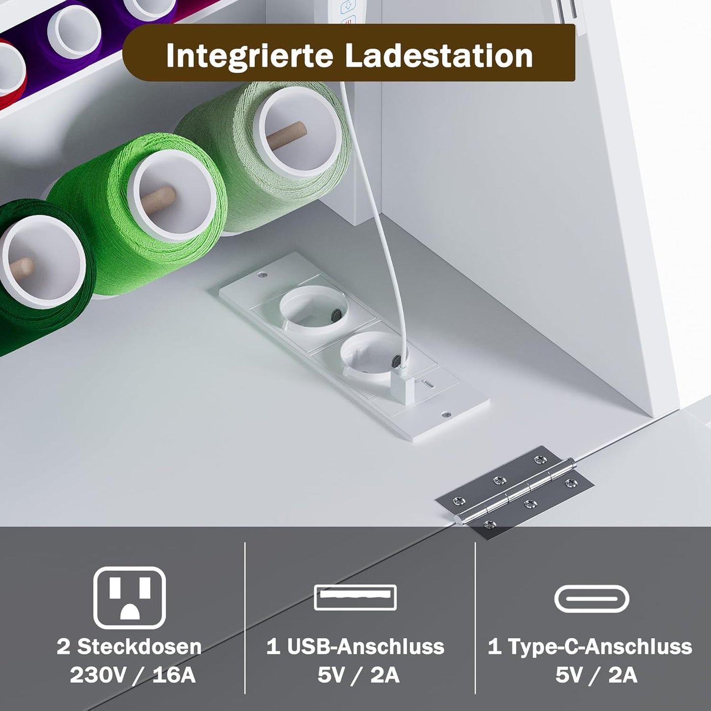 Klappbarer LED Nähtisch mit 33 Garnhalter & 2 Steckdosen, USB+Typ-C