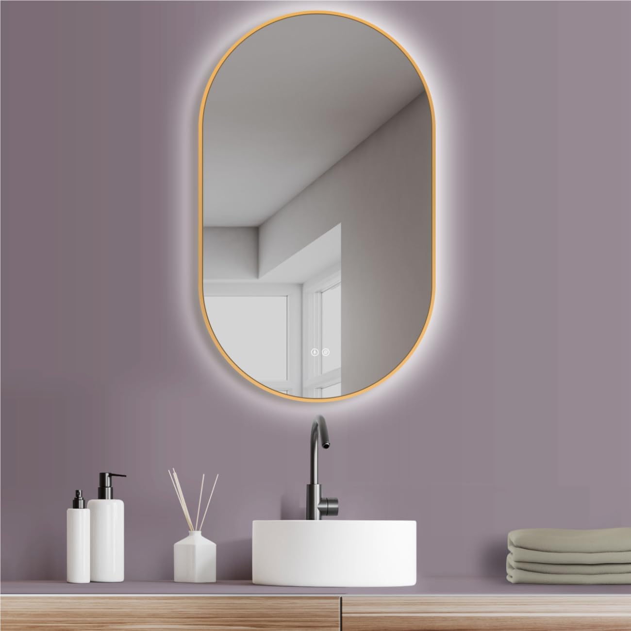 Ovaler LED Spiegel Tivoli mit Antibeschlagfunktion 60x100 cm, Gold-oval Antibeschlag 100L x 60B cm