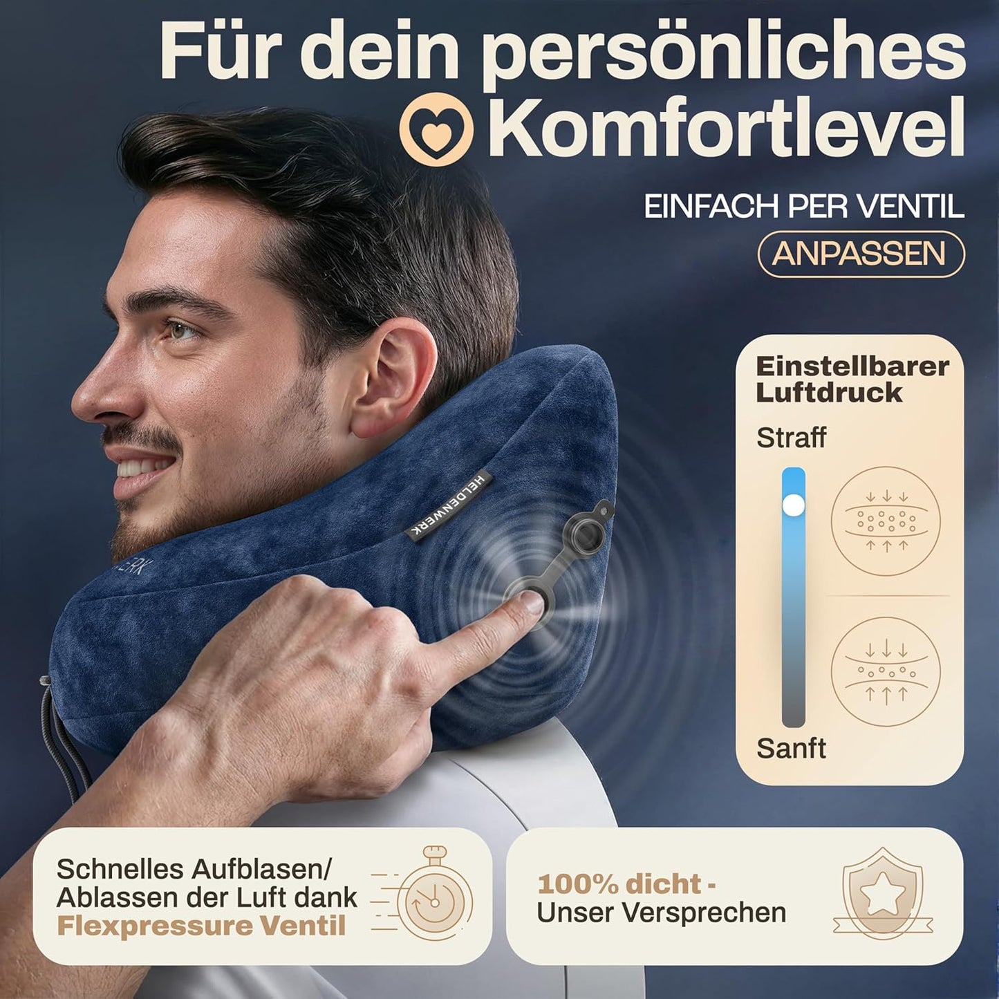 Aufblasbares Nackenkissen mit abnehmbarer Kapuze, Grösse L, Navy Blue Gross - passt den meisten