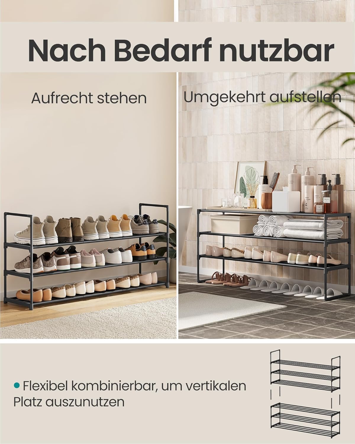 Schuhregal mit 3 Ebenen, Schwarz 3 Ebenen (117B cm)