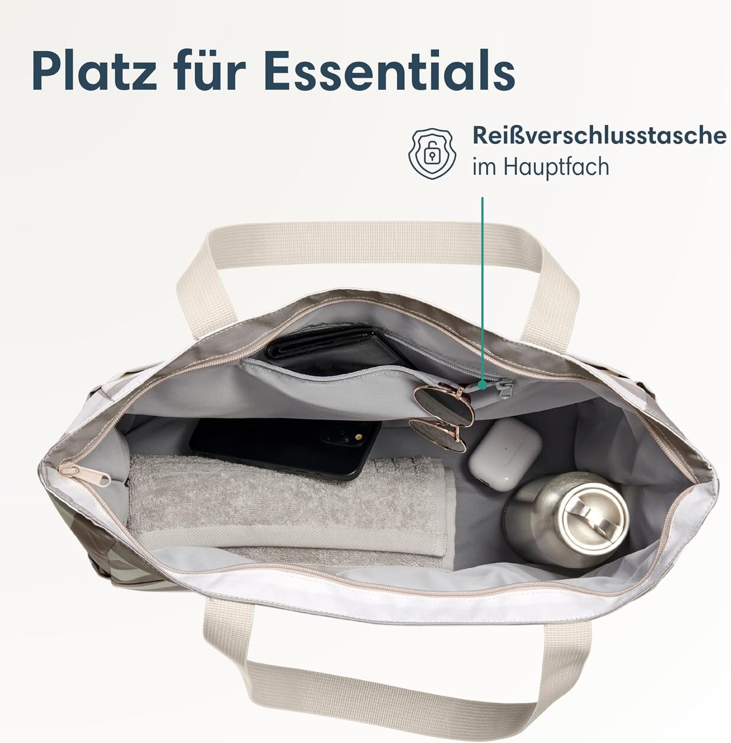Grosse Strandtasche Linn mit Reissverschluss, Sand - Gestreift