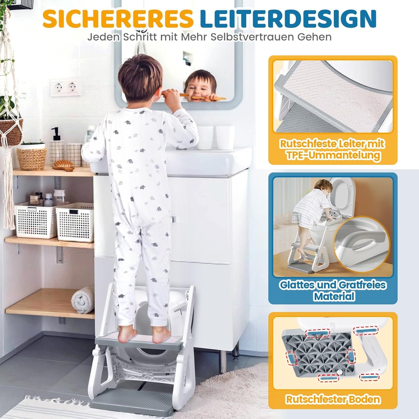 Toilettensitz Kinder mit Treppe und Spritzschutz, Grau