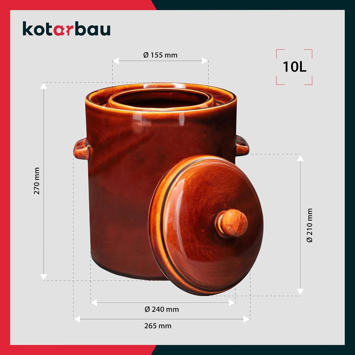 Gärtopf mit Hermetikdeckel, 10 L, 10 L Braun