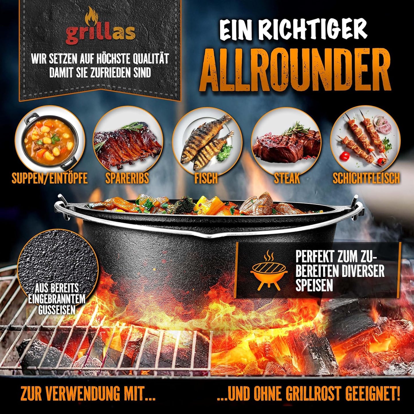 Dutch Oven Set, Topf ohne Füsse 9 Liter / 9 QT