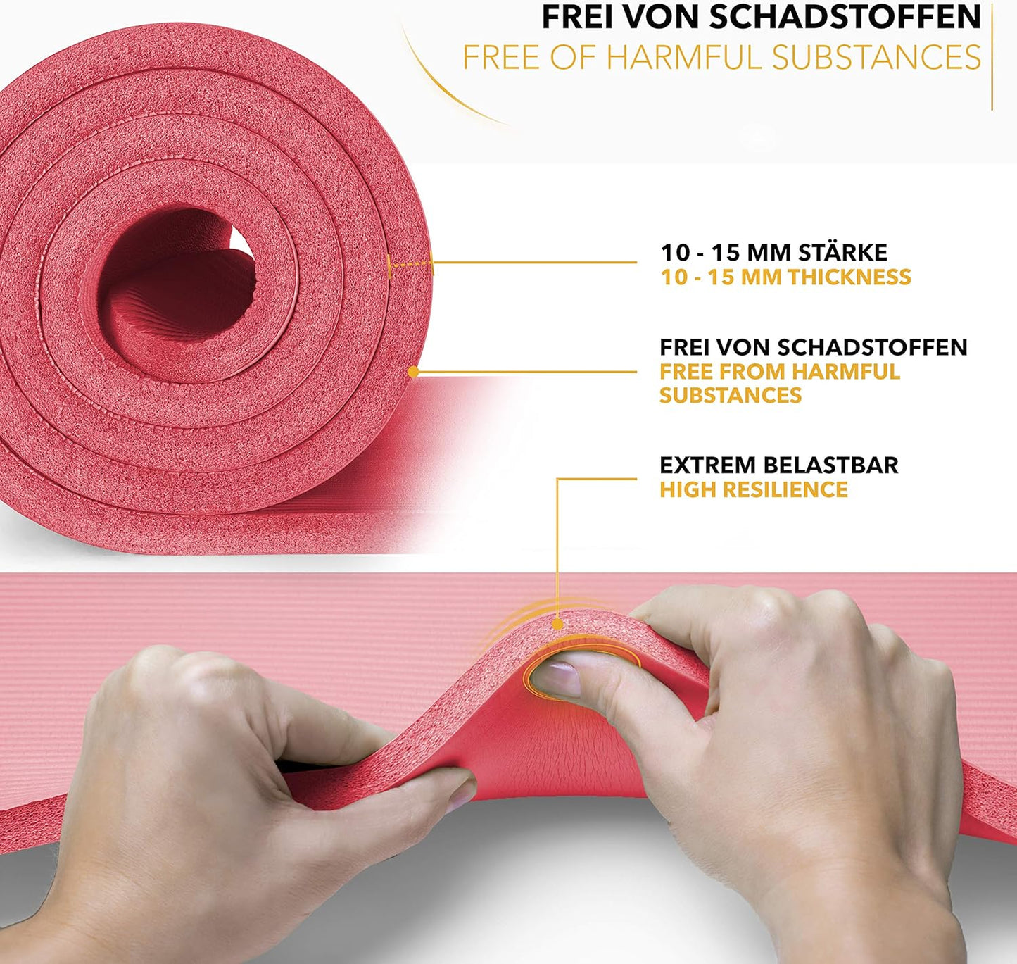 Rutschfeste Yogamatte mit Tragegurt, Rot 185 x 60 x 1,0cm