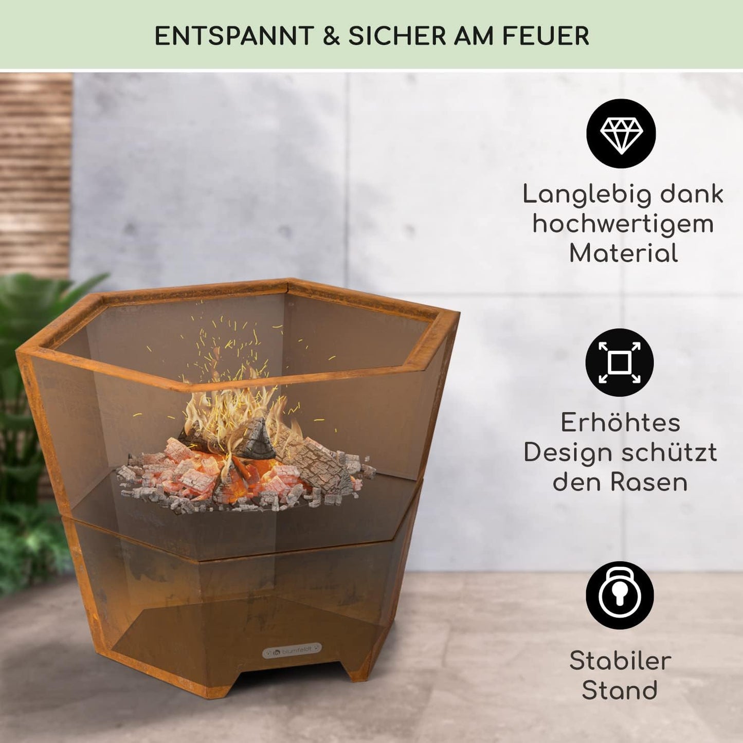 Sechseckige Feuerschale mit Grillrost, Hekla Rost