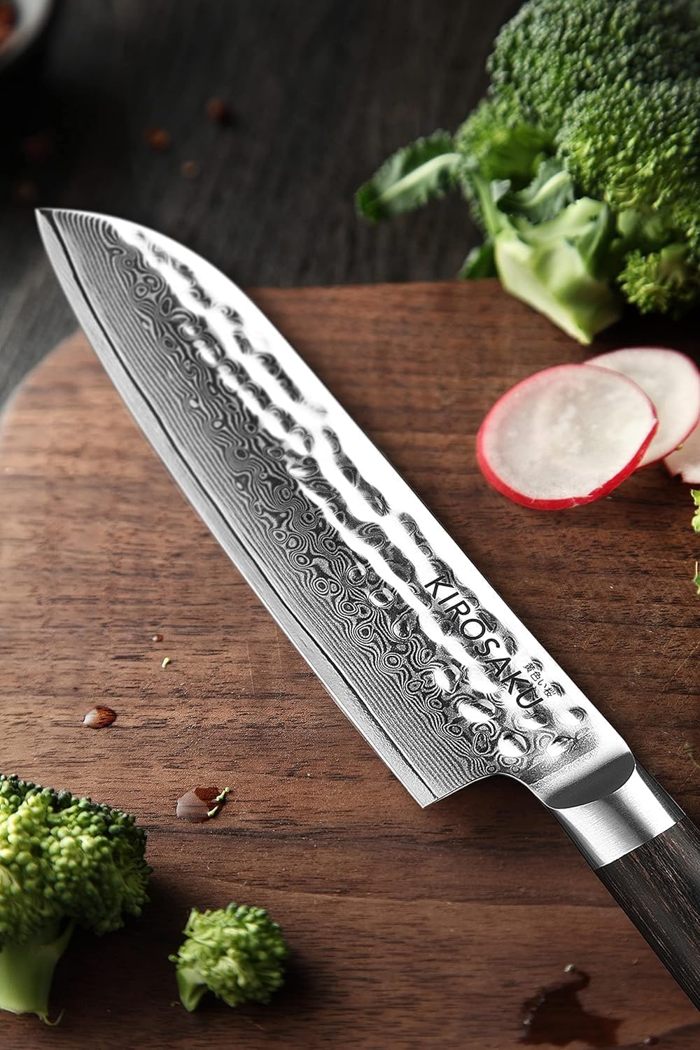 Damast-Santokumesser mit Pakkaholzgriff, Ii. Dunkelbraun 13 cm