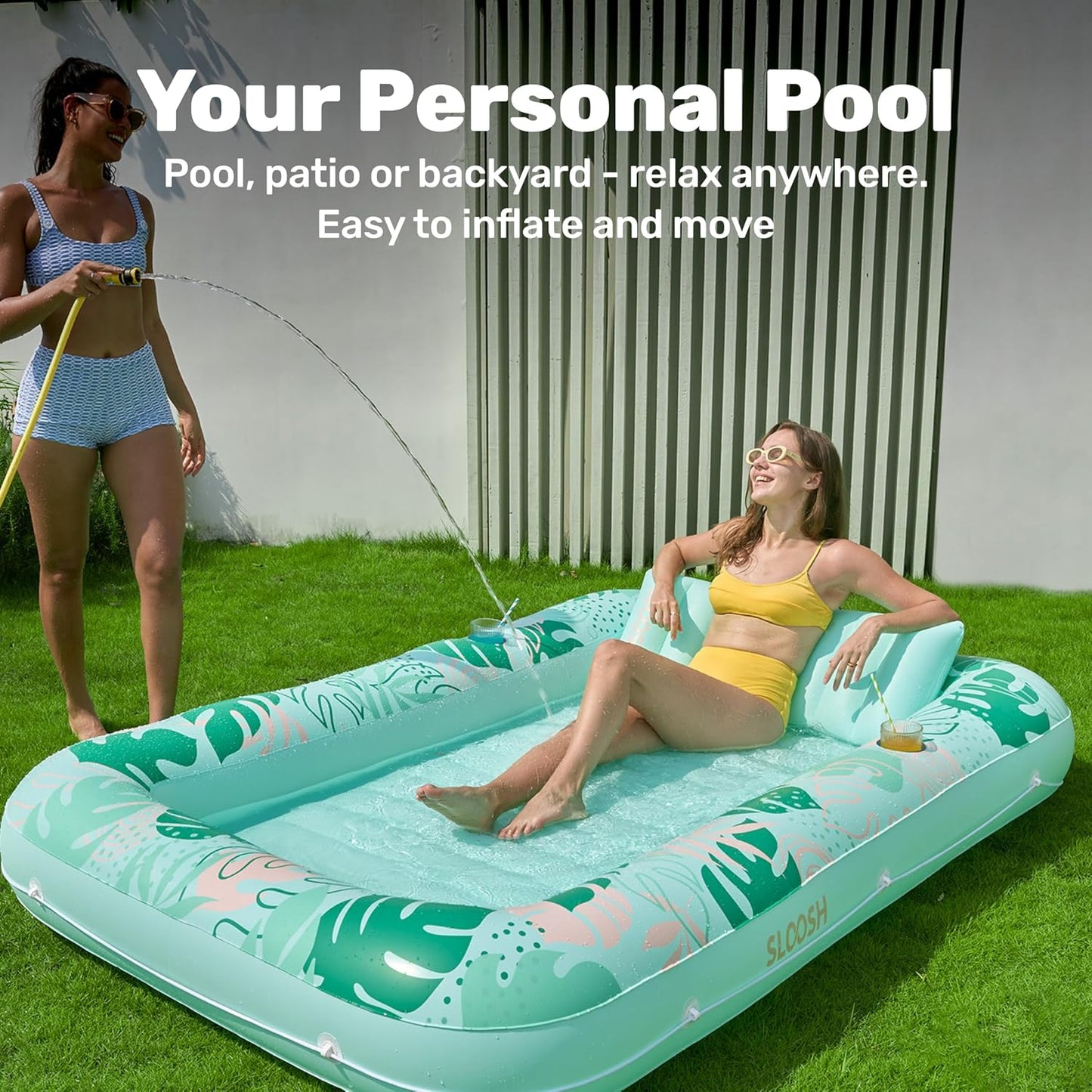 Aufblasbarer 4-in-1 Sonnenliegepool mit Kissen und Getränkehalter, Aquablau Tropisch XL