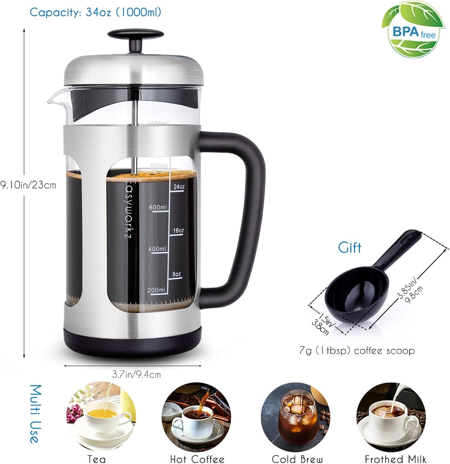 Kaffeebereiter mit Edelstahlpresse (1000 ml), Silber 1000ml
