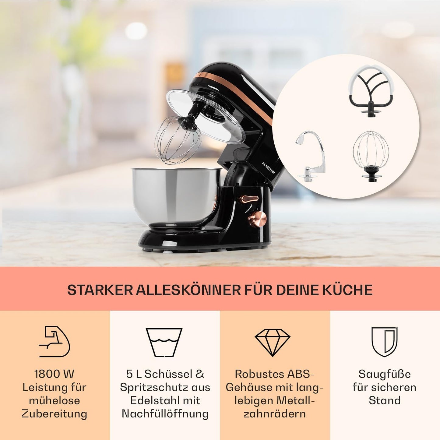 Profi Küchenmaschine mit 5L Schüssel, Knethaken und Schneebesen, Schwarz