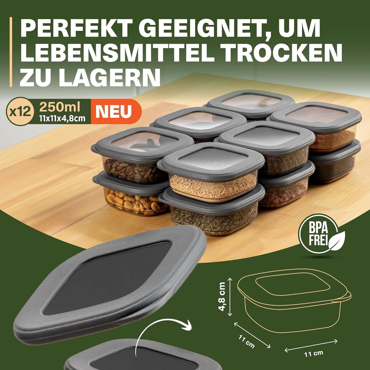 12er-Set Vorratsdosen, 12er Set 250ml Grau