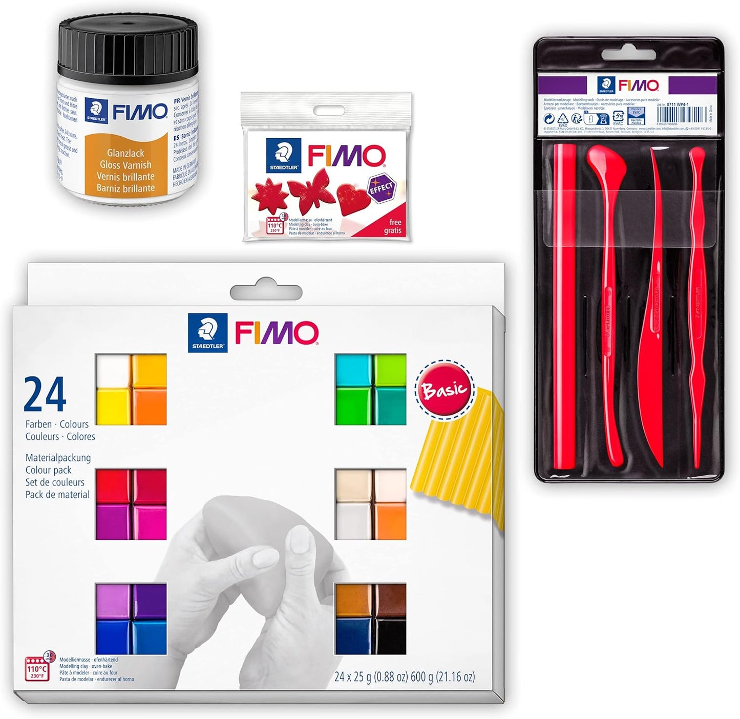 FIMO Modelliermasse-Set mit Zubehör (24 Farben), Starter Set Bundle mit Zubehör 24 Farben