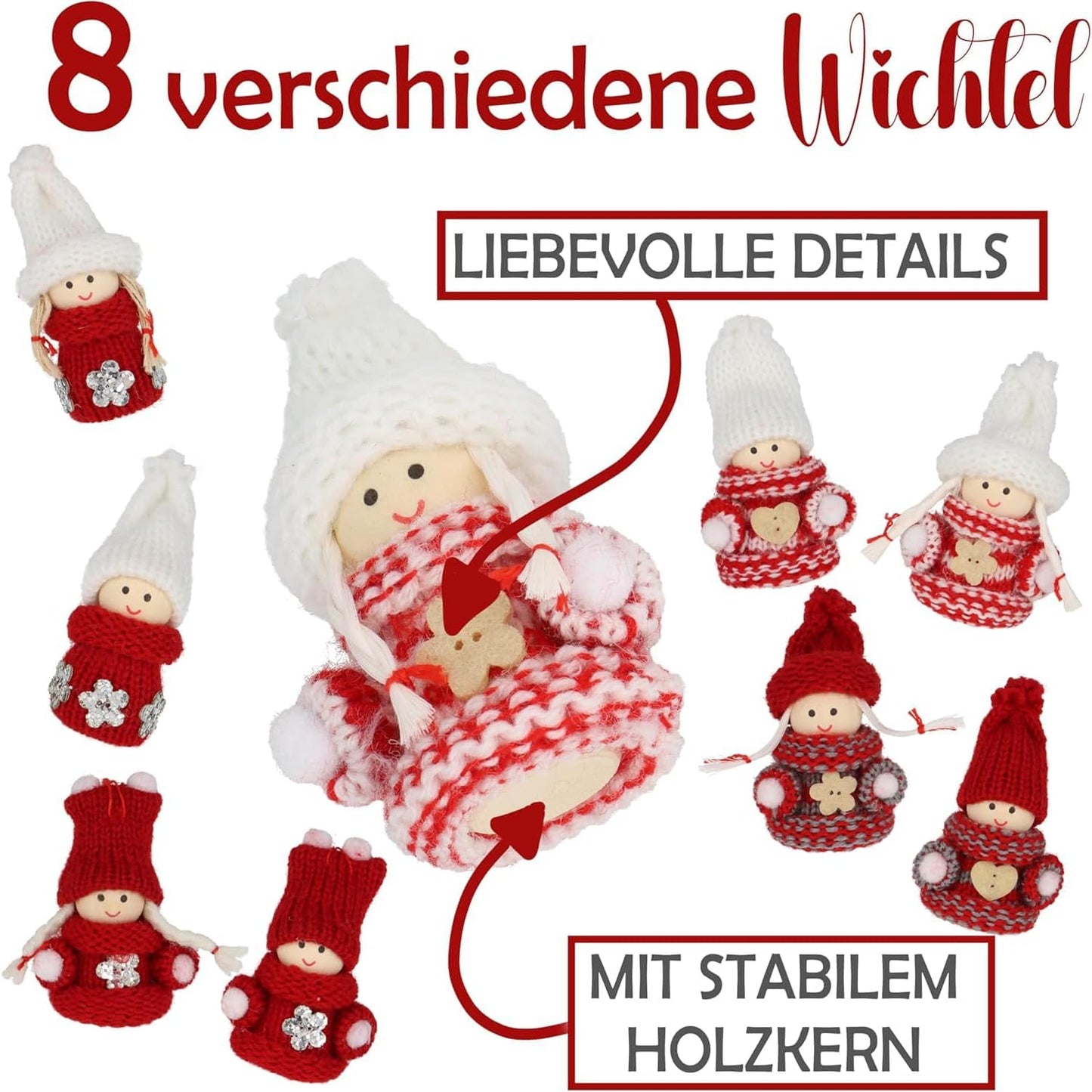 Mini-Wichtel Figuren-Set (24 Stück) für Weihnachten, 24 Mini Wichtel Rot