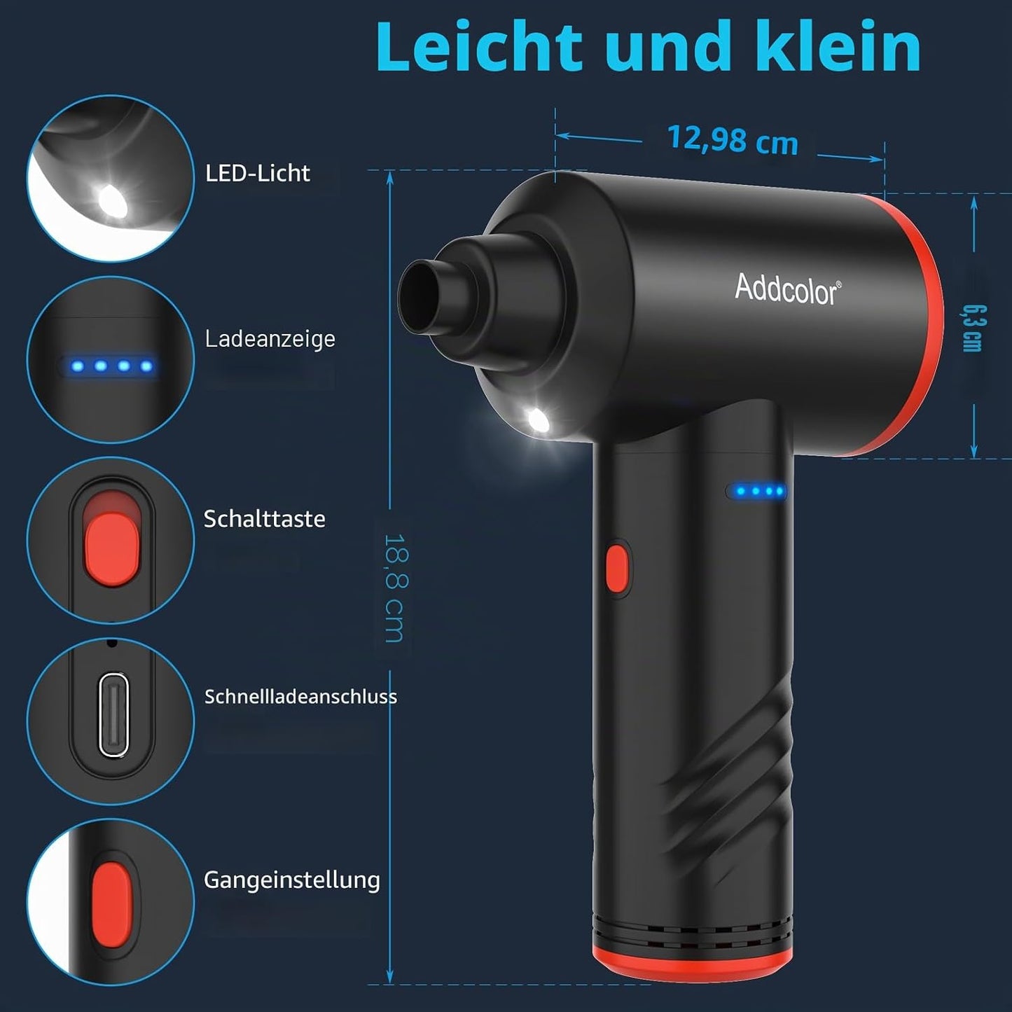 Elektrisches Staubgebläse AD38 mit LED-Licht und 3-Gang, Schwarz