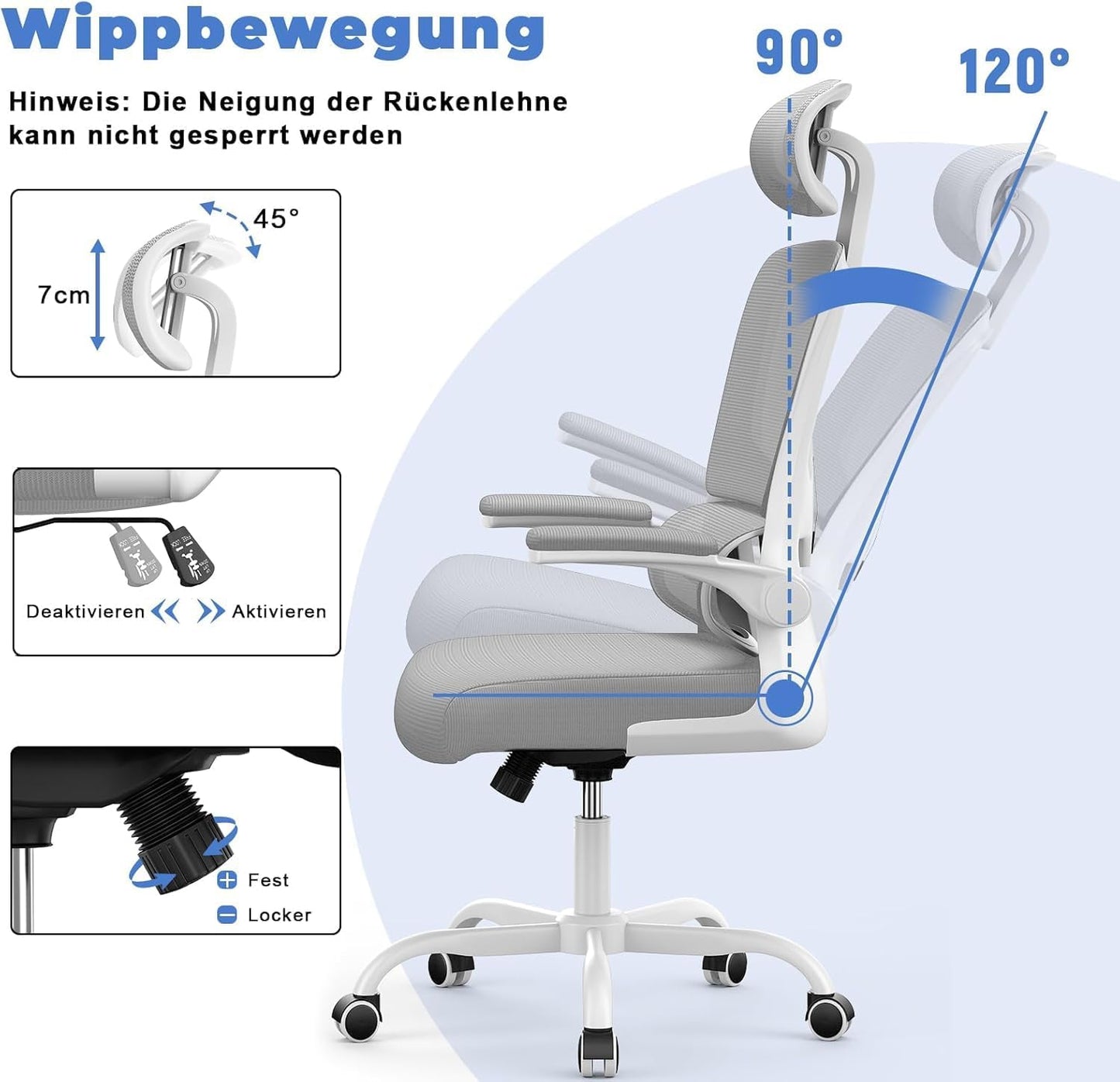 Ergonomischer Schreibtischstuhl mit Lordosenstütze, Grau 2 Mit Kopfstütze